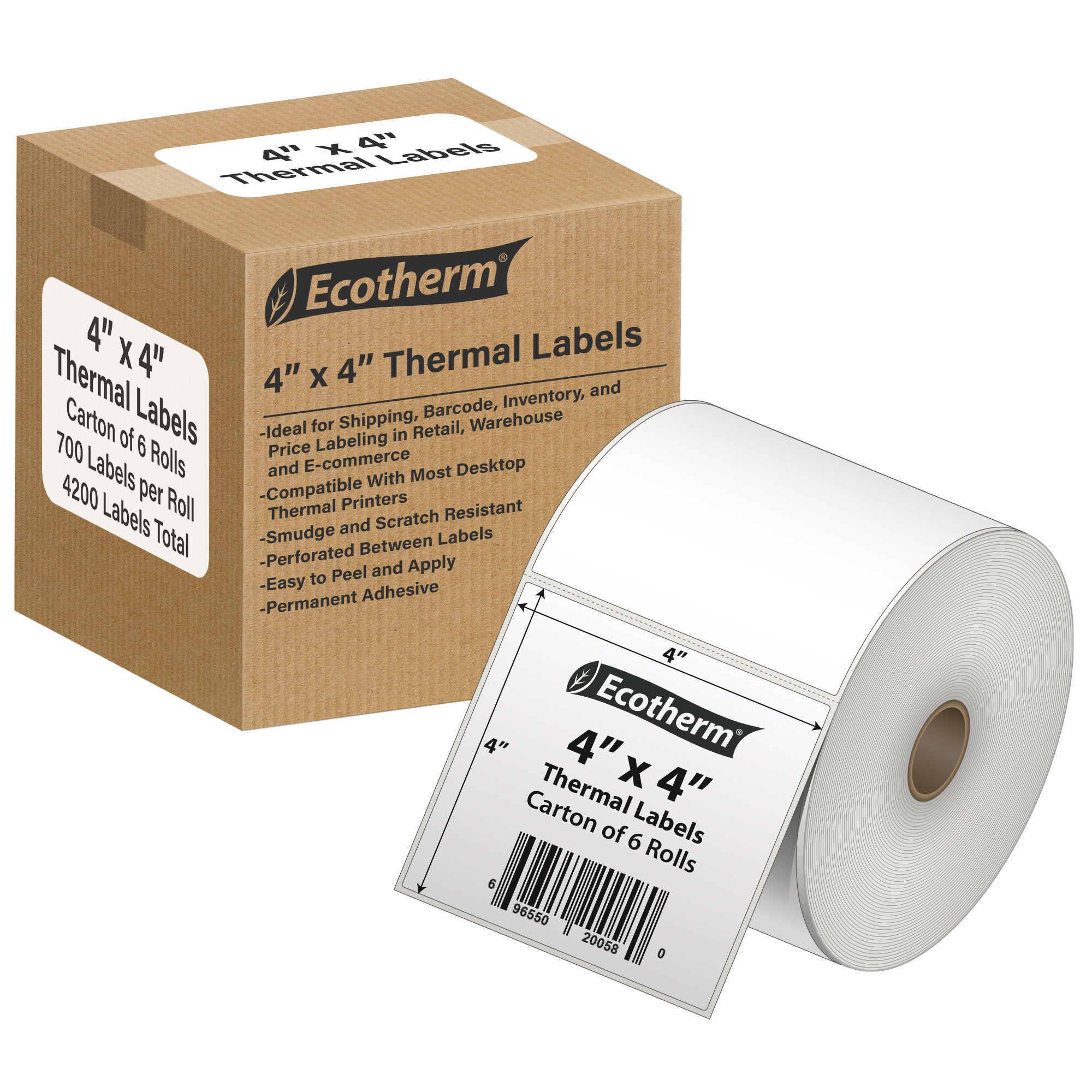 Ecotherm 4" x 4" direct thermal square shipping labels — 6-roll case on 1" core, 75gsm matte white, perforated.
