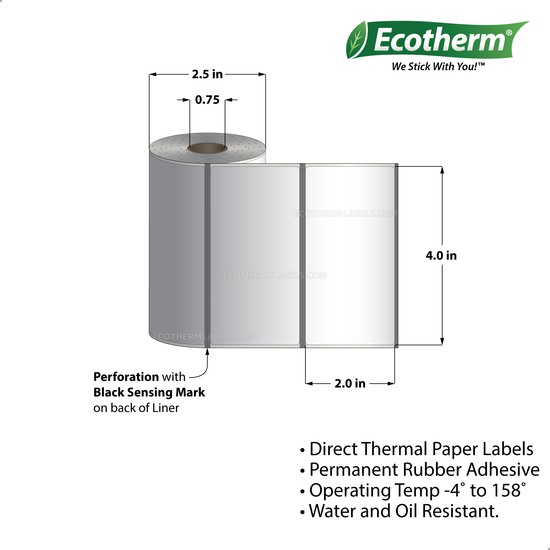 4 x 2 Direct Thermal White Labels With Rubber Adhesive - Perforated - 300 Labels Per Roll - Carton Of 25 Rolls - 7500 Labels Total - MPN: ECOTHERM13111-25