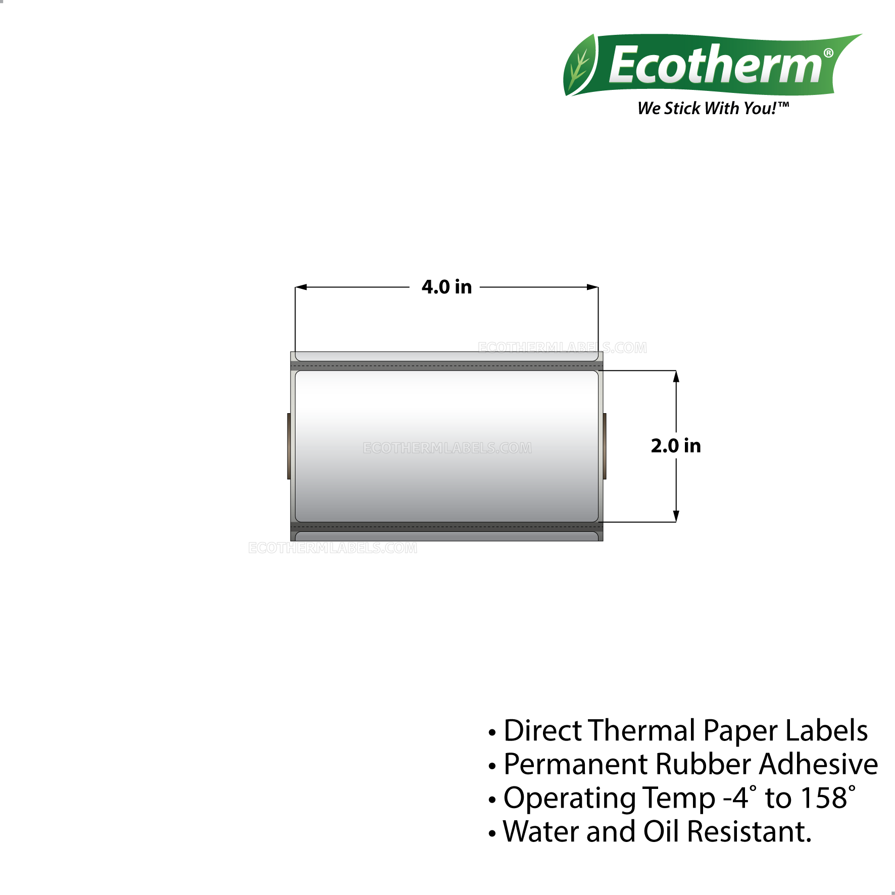 4 x 2 Direct Thermal White Labels With Rubber Adhesive - Perforated - 300 Labels Per Roll - Carton Of 25 Rolls - 7500 Labels Total - MPN: ECOTHERM13111-25