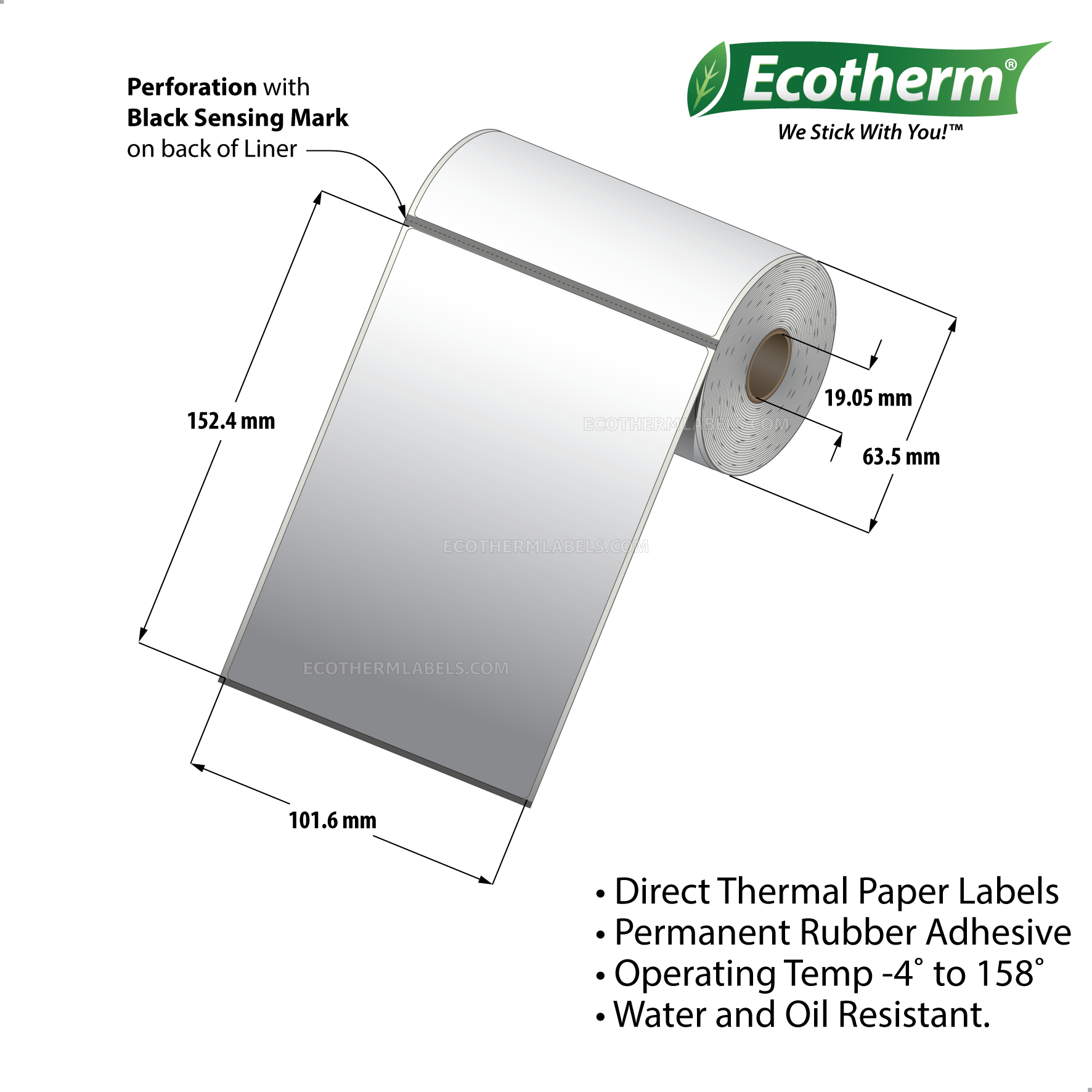 4 x 6 Direct Thermal White Labels With Rubber Adhesive - Perforated - 105 Labels Per Roll - Carton Of 25 Rolls - 2,625 Labels Total - MPN: ECOTHERM13108-25