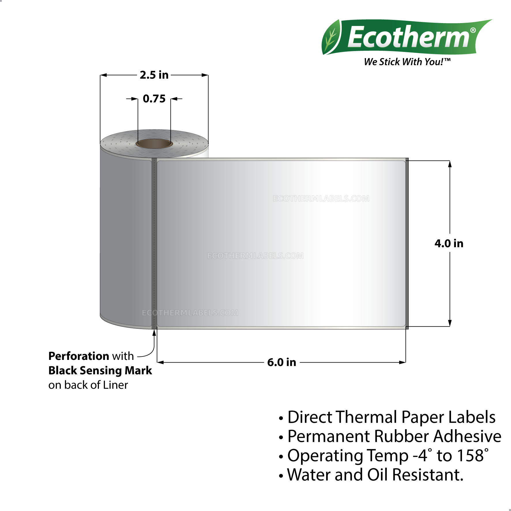 4 x 6 Direct Thermal White Labels With Rubber Adhesive - Perforated - 105 Labels Per Roll - Carton Of 25 Rolls - 2,625 Labels Total - MPN: ECOTHERM13108-25