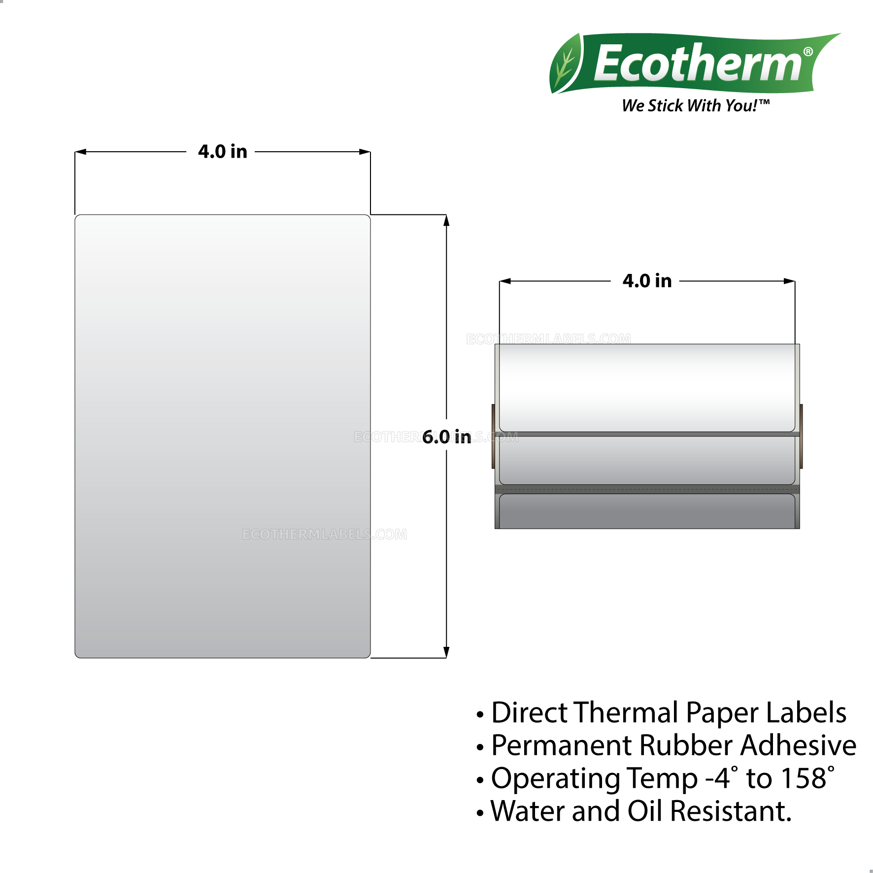 4 x 6 Direct Thermal White Labels With Rubber Adhesive - Perforated - 105 Labels Per Roll - Carton Of 25 Rolls - 2,625 Labels Total - MPN: ECOTHERM13108-25