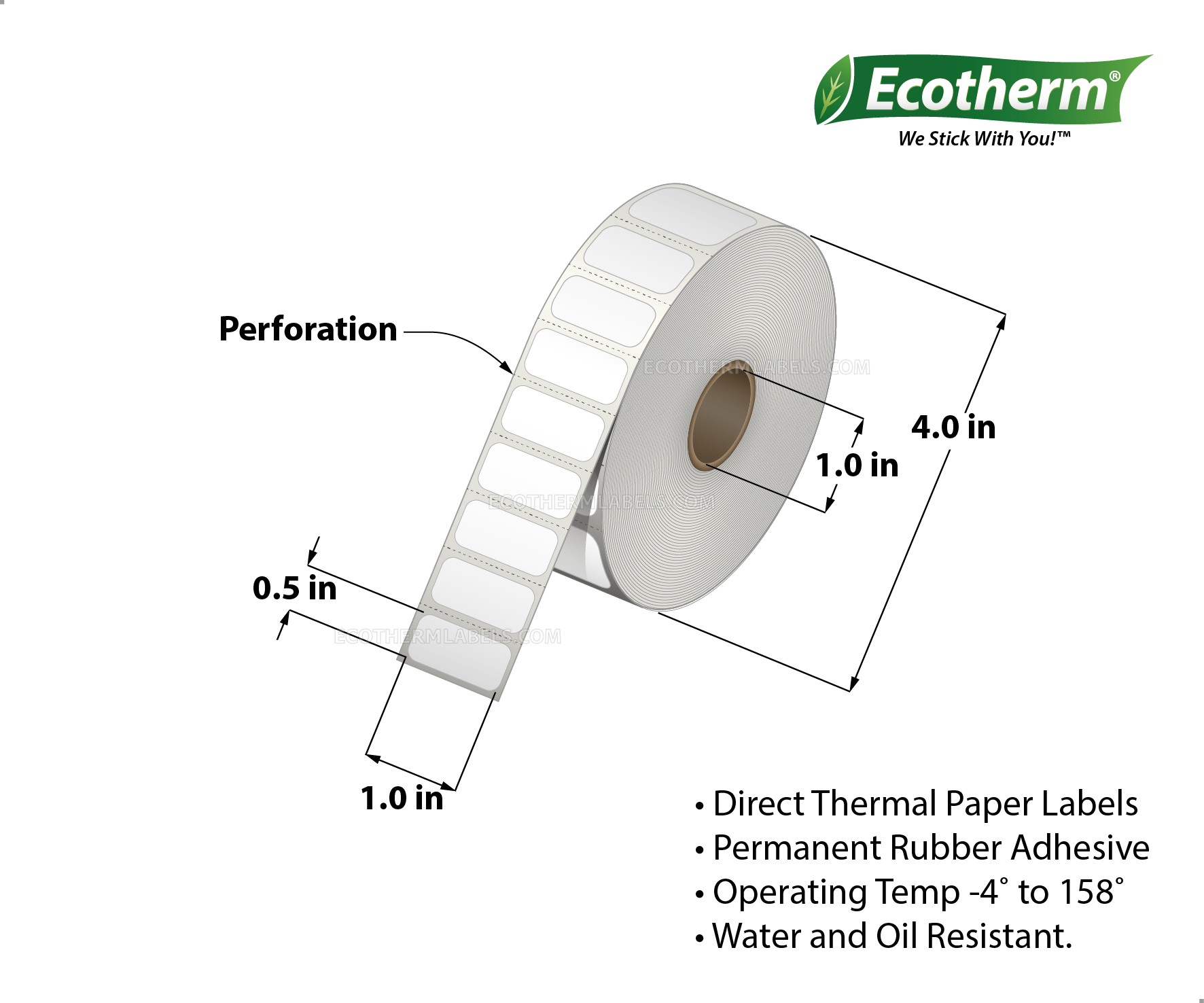 1 x 0.5 Direct Thermal White Labels With Rubber Adhesive - Perforated - 2450 Labels Per Roll - Carton Of 4 Rolls - 9800 Labels Total - MPN: ECOTHERM14118-4