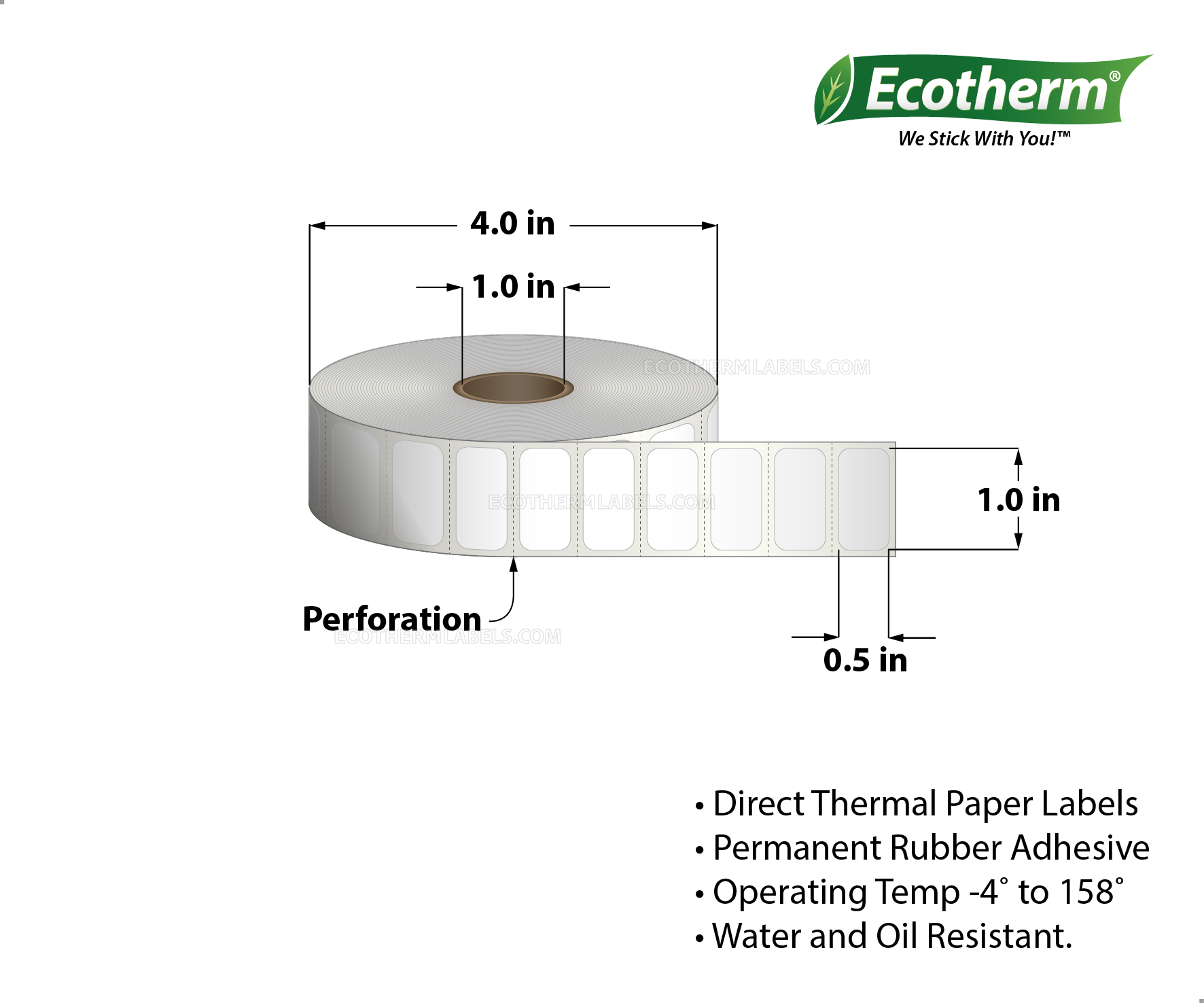 1 x 0.5 Direct Thermal White Labels With Rubber Adhesive - Perforated - 2450 Labels Per Roll - Carton Of 4 Rolls - 9800 Labels Total - MPN: ECOTHERM14118-4