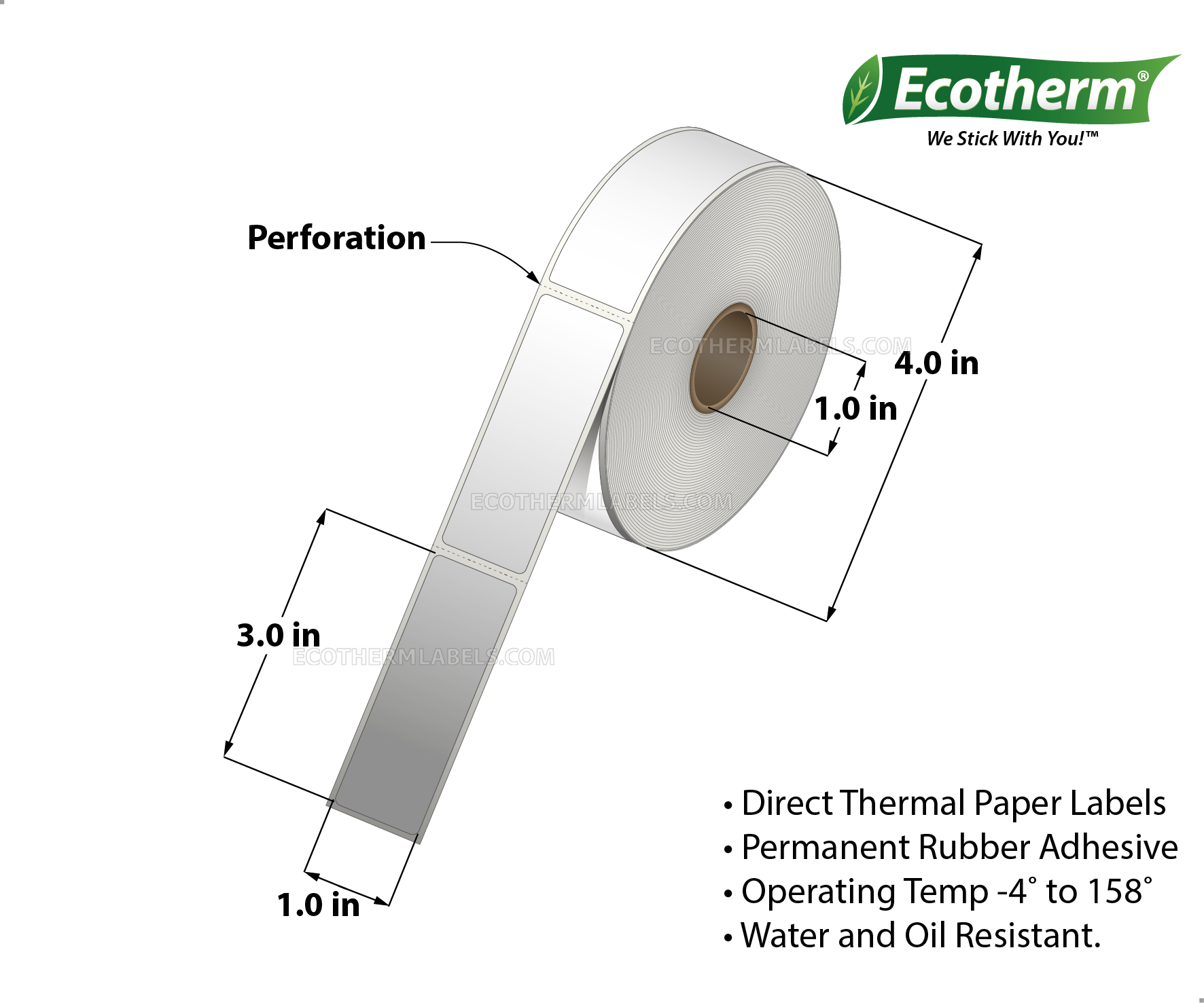 1 x 3 Direct Thermal White Labels With Rubber Adhesive - Perforated - 680 Labels Per Roll - Carton Of 4 Rolls - 2720 Labels Total - MPN: ECOTHERM14130-4