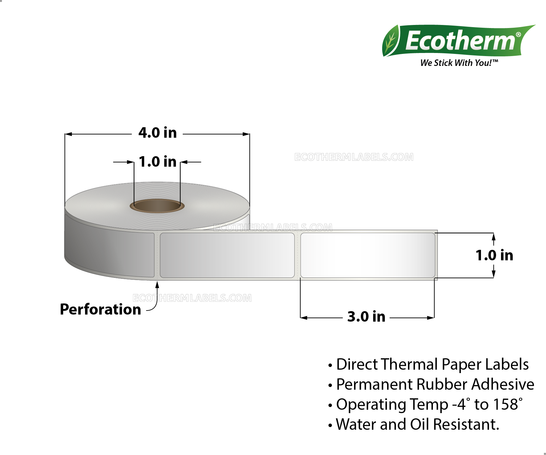 1 x 3 Direct Thermal White Labels With Rubber Adhesive - Perforated - 680 Labels Per Roll - Carton Of 4 Rolls - 2720 Labels Total - MPN: ECOTHERM14130-4