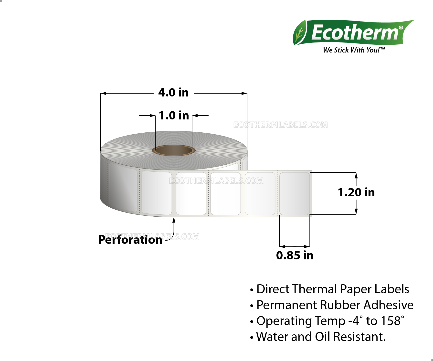 1.2 x 0.85 Direct Thermal White Labels With Rubber Adhesive - Perforated - 2200 Labels Per Roll - Carton Of 4 Rolls - 8800 Labels Total - MPN: ECOTHERM14131-4