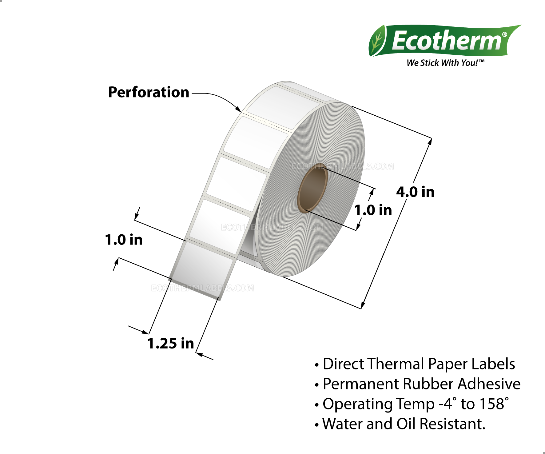 1.25x1 Direct Thermal White Labels With Rubber Adhesive - Perforated - 1380 Labels Per Roll - Carton Of 4 Rolls - 5,520 Labels Total - MPN: ECOTHERM14136-4