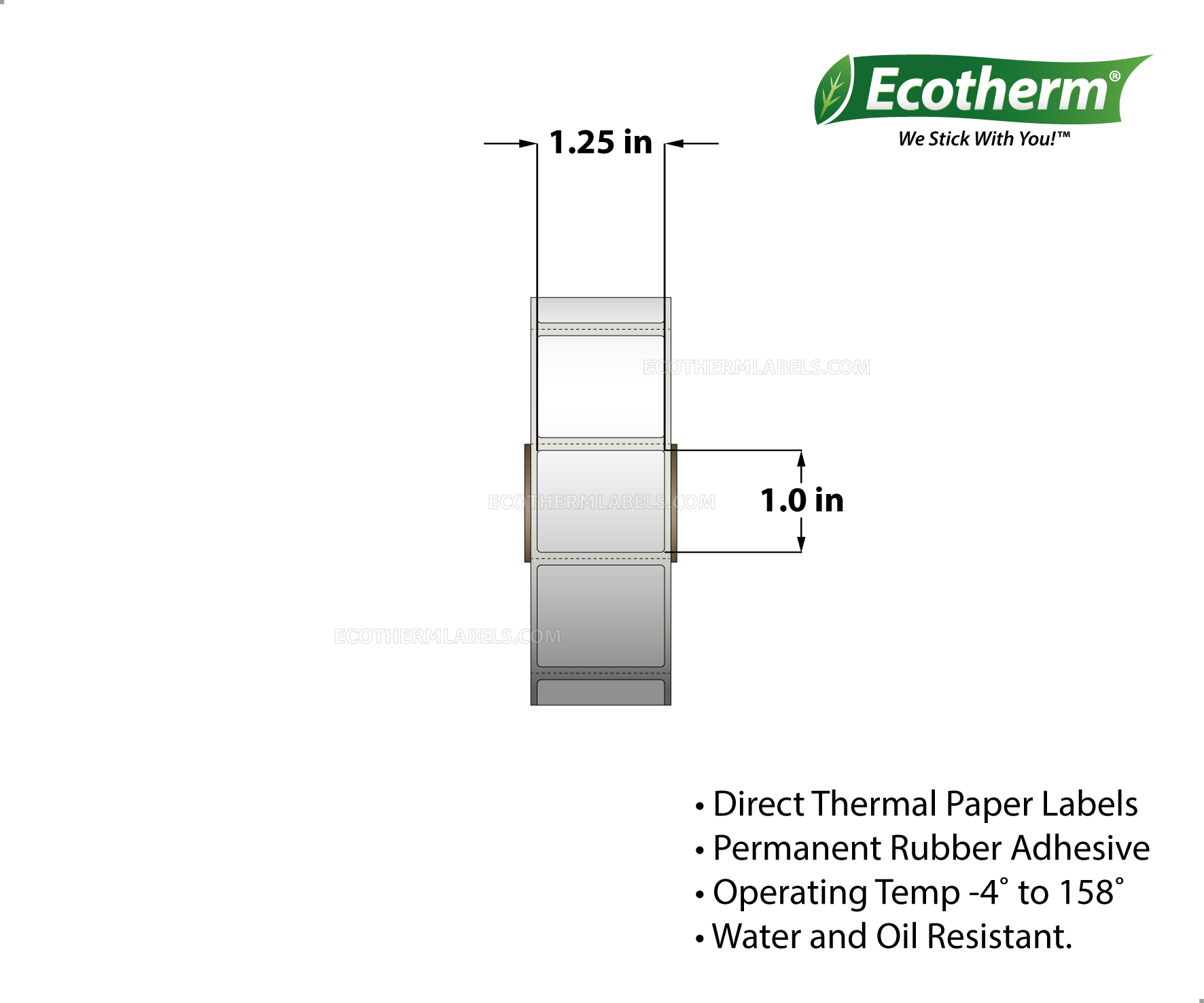 1.25x1 Direct Thermal White Labels With Rubber Adhesive - Perforated - 1380 Labels Per Roll - Carton Of 4 Rolls - 5,520 Labels Total - MPN: ECOTHERM14136-4