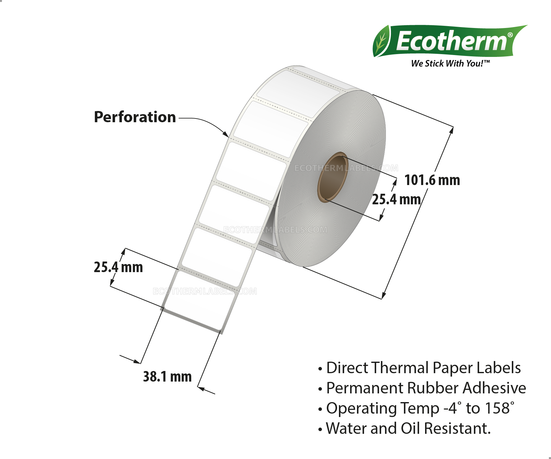 1.5 x 1 Direct Thermal White Labels With Rubber Adhesive - Perforated - 1325 Labels Per Roll - Carton Of 4 Rolls - 5300 Labels Total - MPN: ECOTHERM14119-4