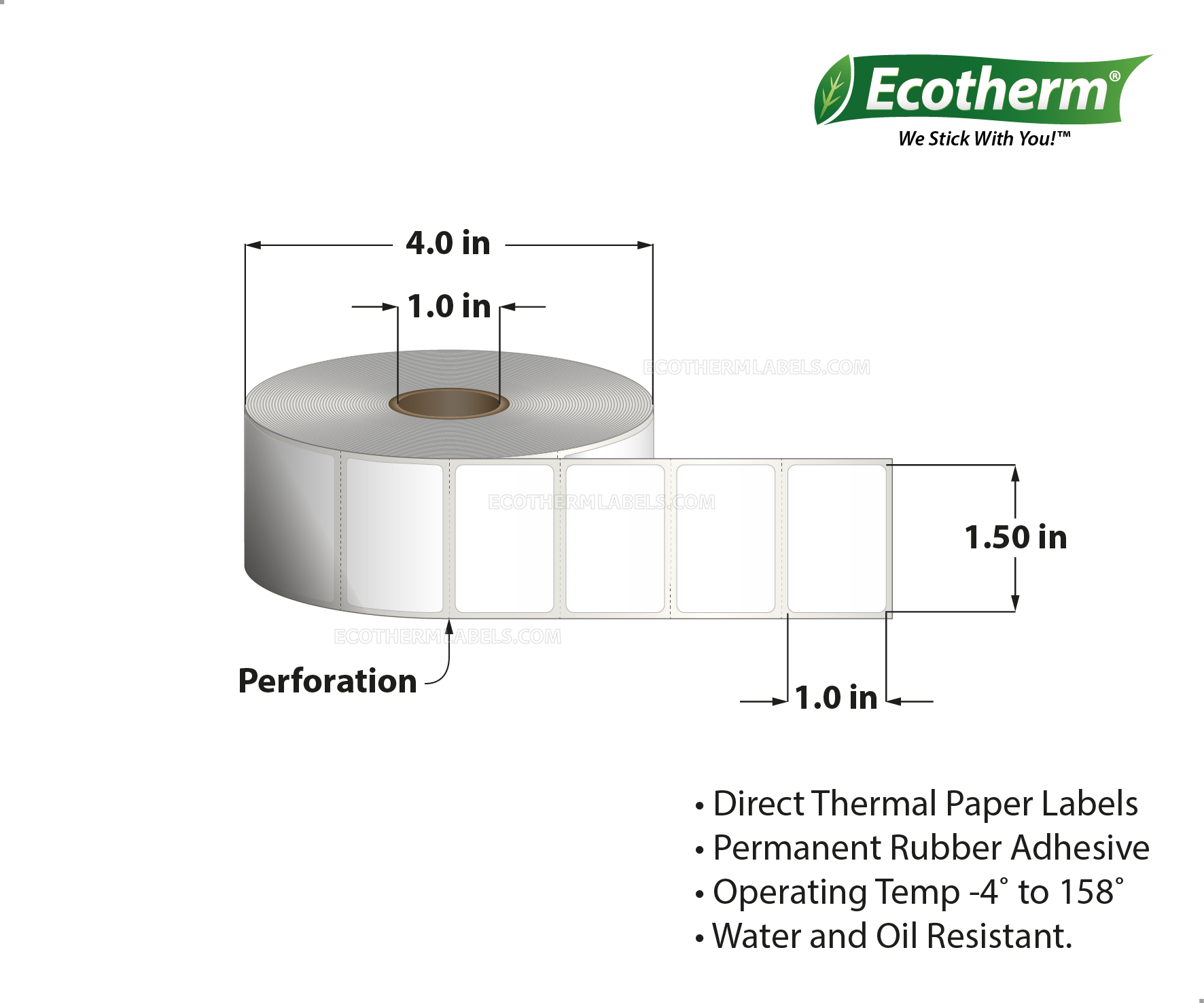 1.5 x 1 Direct Thermal White Labels With Rubber Adhesive - Perforated - 1325 Labels Per Roll - Carton Of 4 Rolls - 5300 Labels Total - MPN: ECOTHERM14119-4