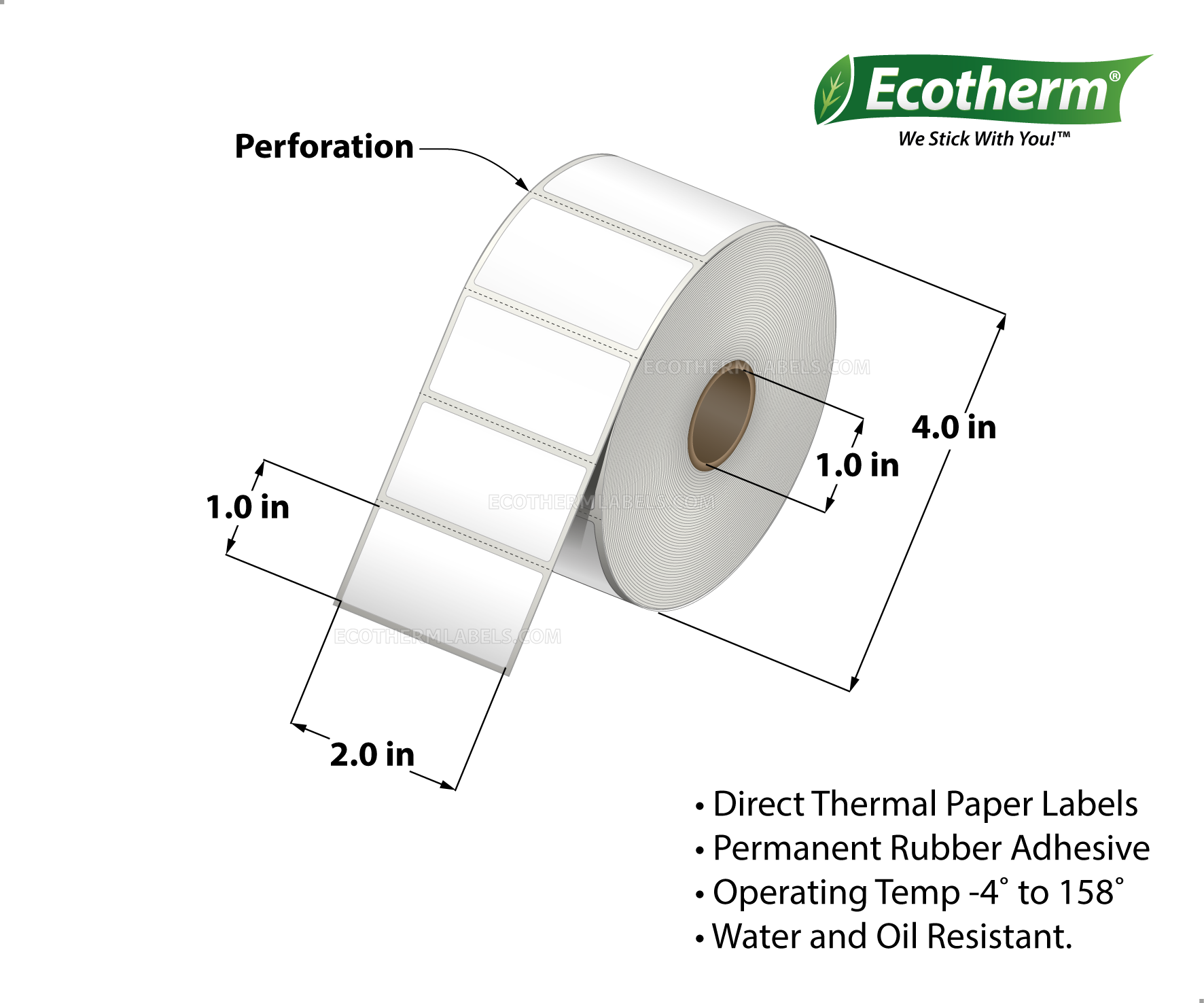 2 x 1 Direct Thermal White Labels With Rubber Adhesive - Perforated - 1400 Labels Per Roll - Carton Of 4 Rolls - 5600 Labels Total - MPN: ECOTHERM14120-4