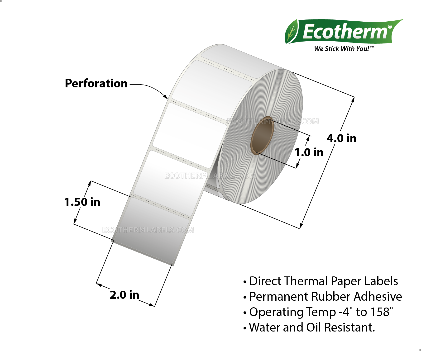 2 x 1.5 Direct Thermal White Labels With Rubber Adhesive - Perforated - 1320 Labels Per Roll - Carton Of 4 Rolls - 5280 Labels Total - MPN: ECOTHERM14133-4