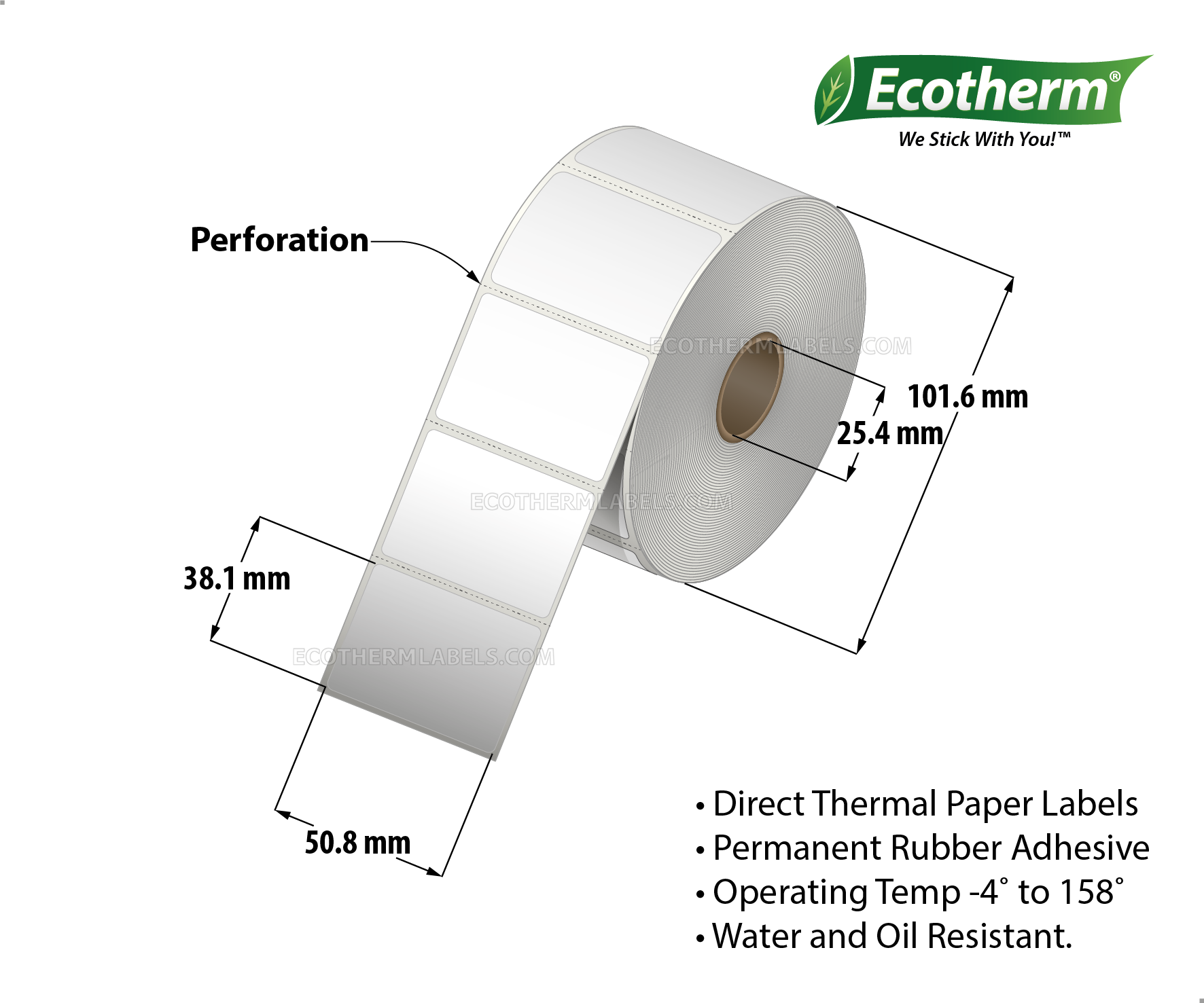 2 x 1.5 Direct Thermal White Labels With Rubber Adhesive - Perforated - 1320 Labels Per Roll - Carton Of 4 Rolls - 5280 Labels Total - MPN: ECOTHERM14133-4