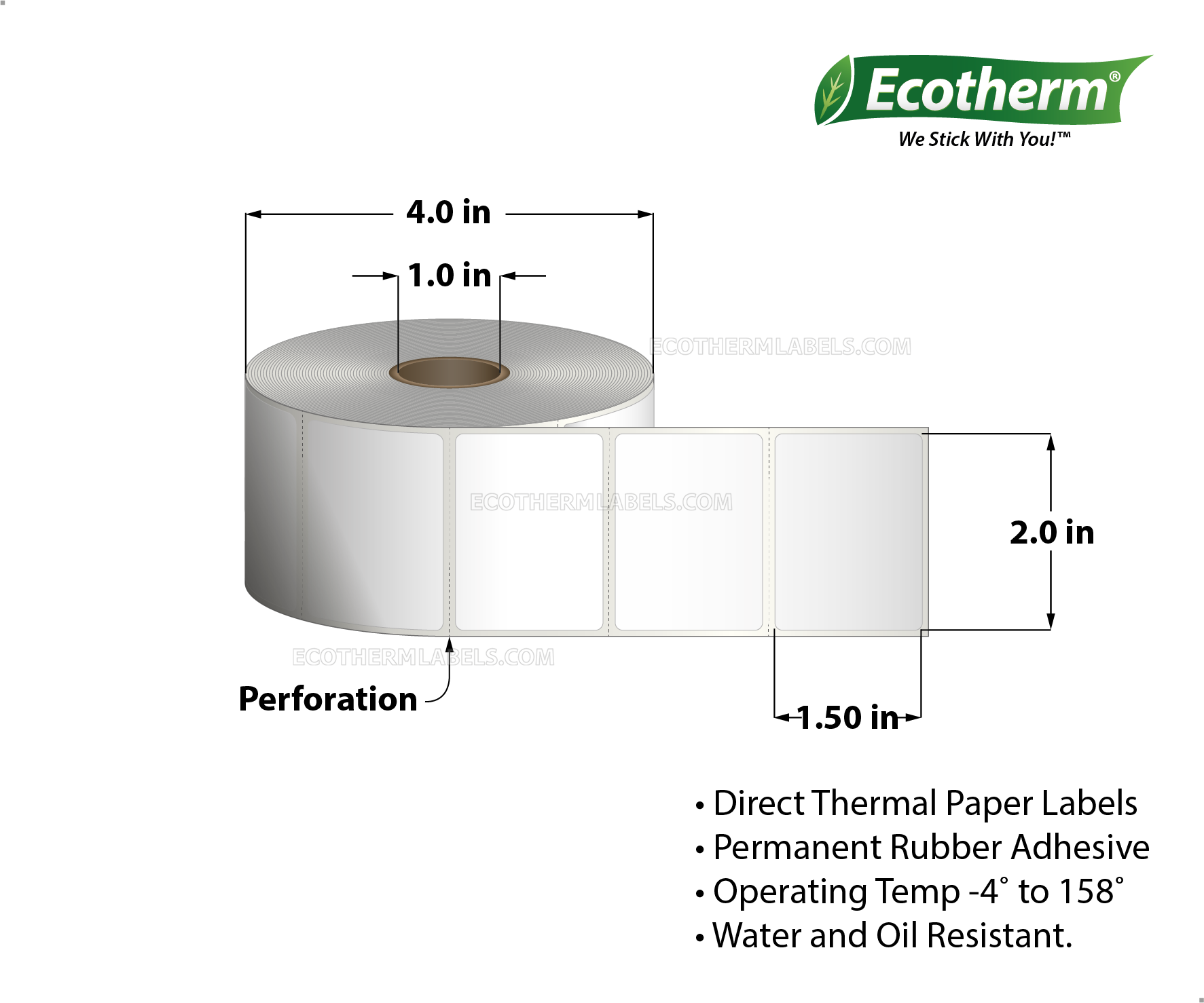 2 x 1.5 Direct Thermal White Labels With Rubber Adhesive - Perforated - 1320 Labels Per Roll - Carton Of 4 Rolls - 5280 Labels Total - MPN: ECOTHERM14133-4