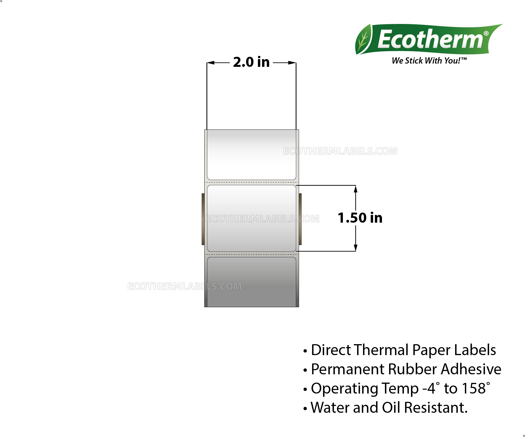 2 x 1.5 Direct Thermal White Labels With Rubber Adhesive - Perforated - 1320 Labels Per Roll - Carton Of 4 Rolls - 5280 Labels Total - MPN: ECOTHERM14133-4