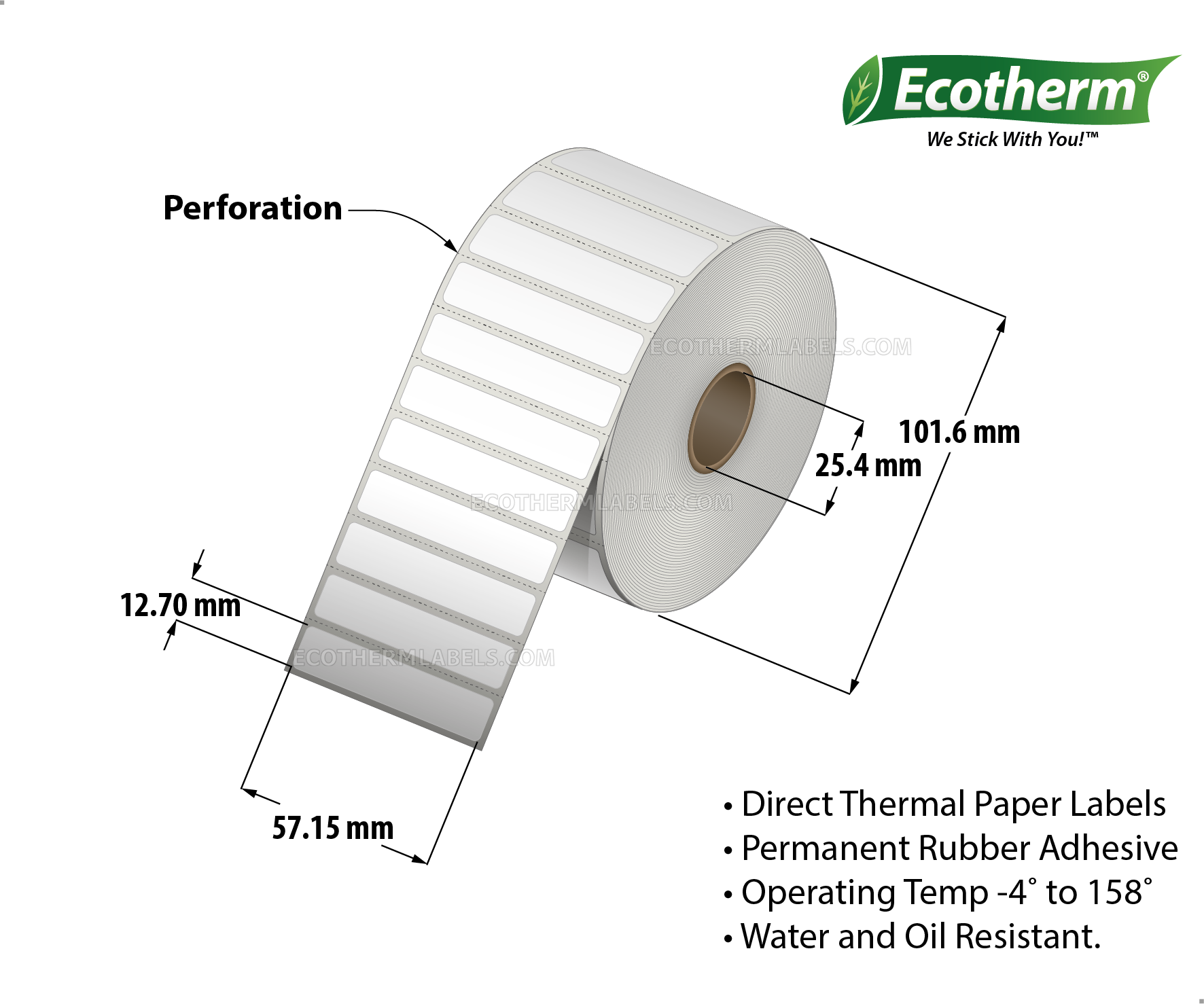 2.25 x 0.5 Direct Thermal White Labels With Rubber Adhesive - Perforated - 3460 Labels Per Roll - Carton Of 4 Rolls - 13840 Labels Total - MPN: ECOTHERM14134-4