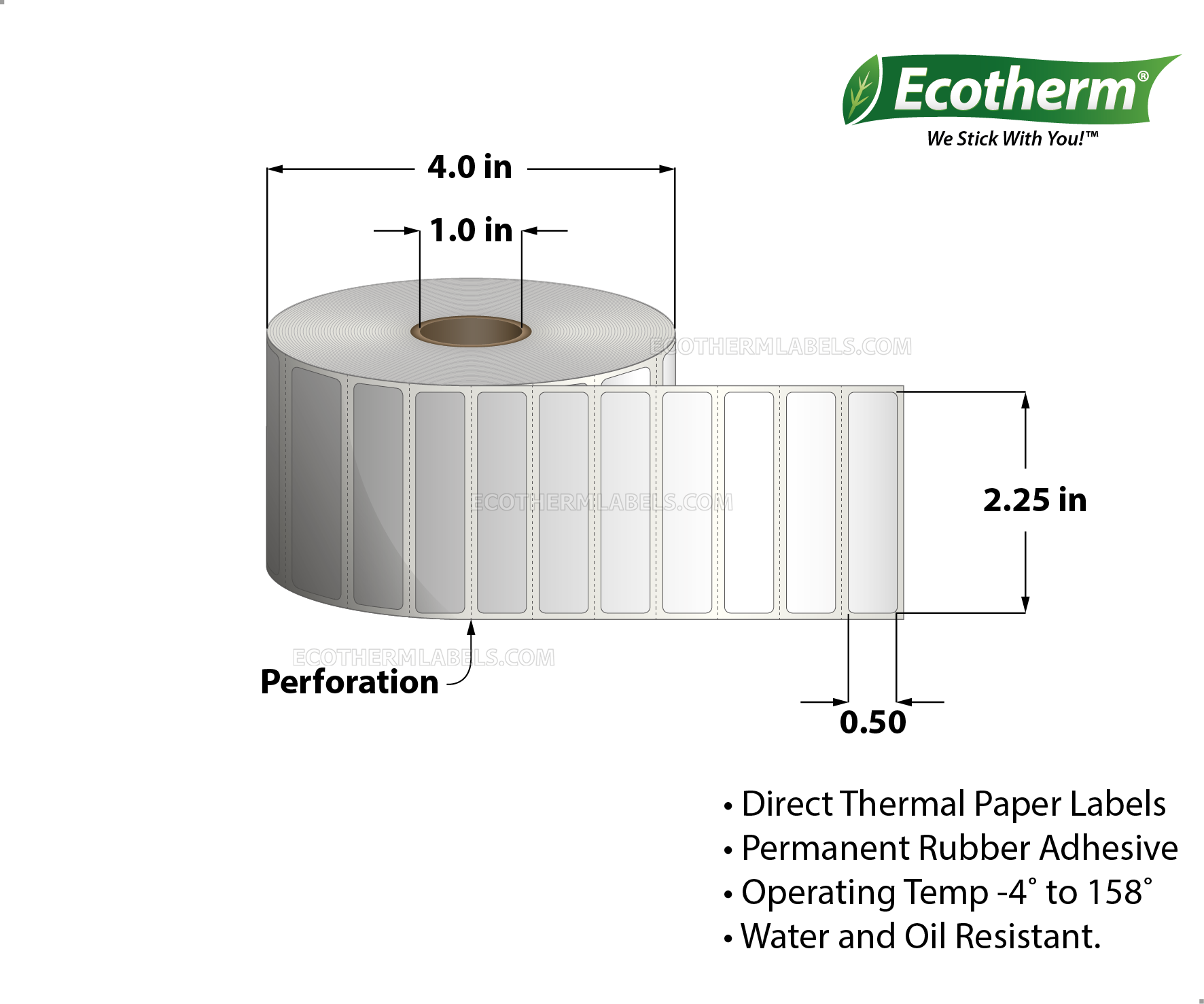 2.25 x 0.5 Direct Thermal White Labels With Rubber Adhesive - Perforated - 3460 Labels Per Roll - Carton Of 4 Rolls - 13840 Labels Total - MPN: ECOTHERM14134-4