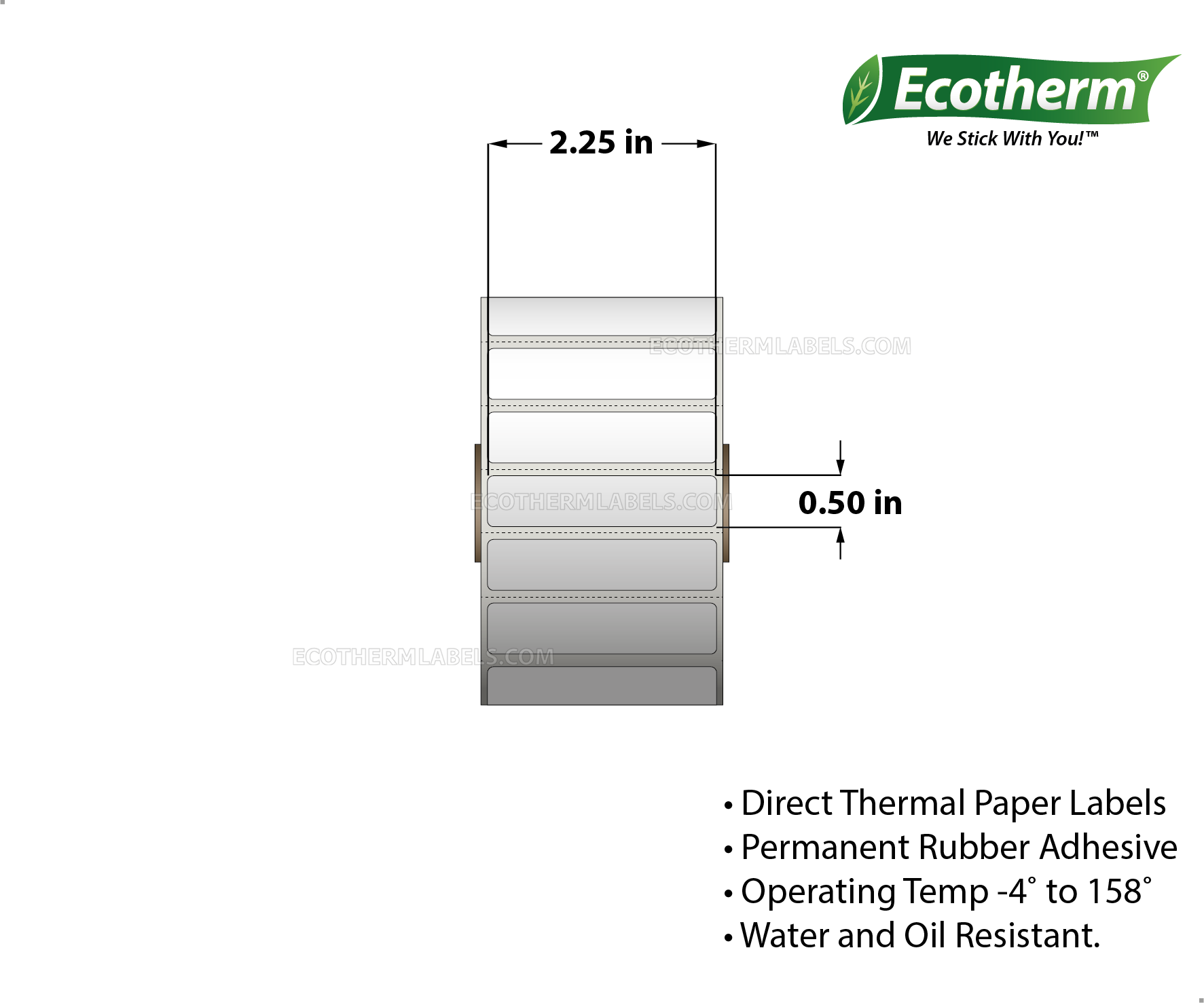 2.25 x 0.5 Direct Thermal White Labels With Rubber Adhesive - Perforated - 3460 Labels Per Roll - Carton Of 4 Rolls - 13840 Labels Total - MPN: ECOTHERM14134-4