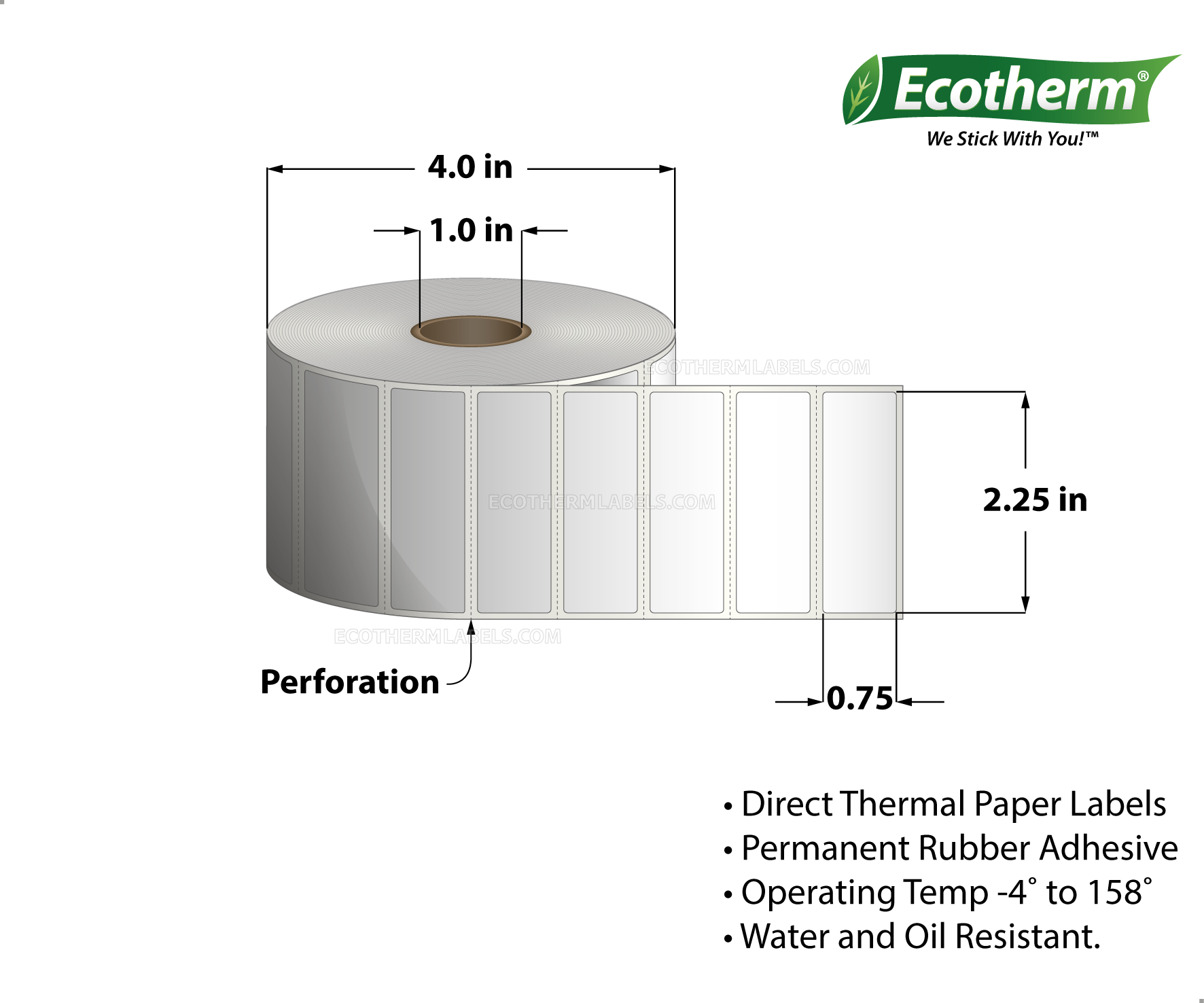 2.25 x 0.75 Direct Thermal White Labels With Rubber Adhesive - Perforated - 1780 Labels Per Roll - Carton Of 4 Rolls - 7120 Labels Total - MPN: ECOTHERM14102-4