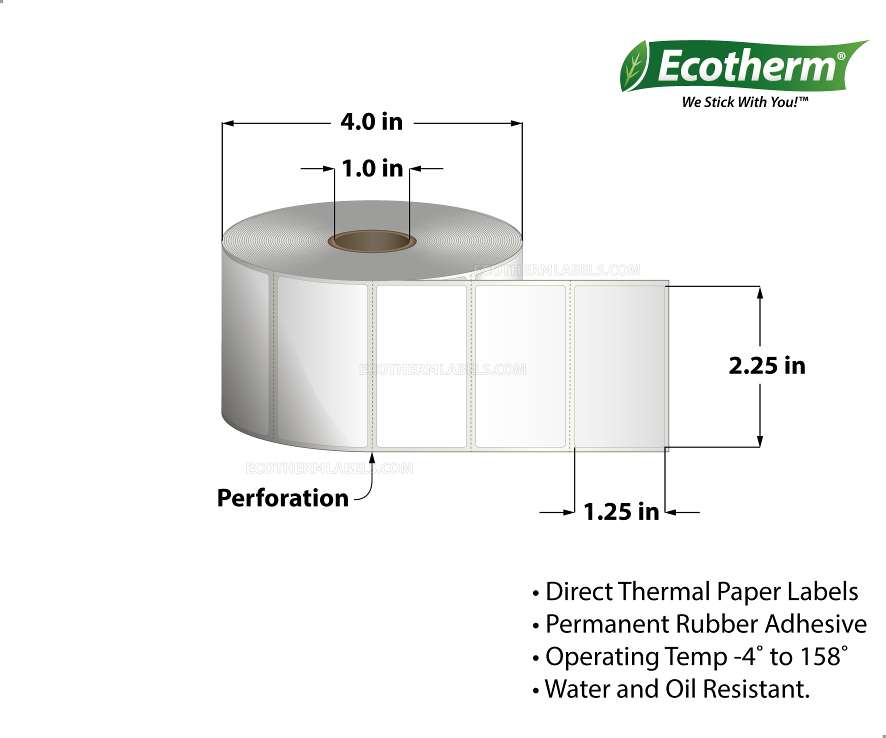 2.25 x 1.25 Direct Thermal White Labels With Rubber Adhesive - Perforated - 1135 Labels Per Roll - Carton Of 4 Rolls - 4540 Labels Total - MPN: ECOTHERM14103-4