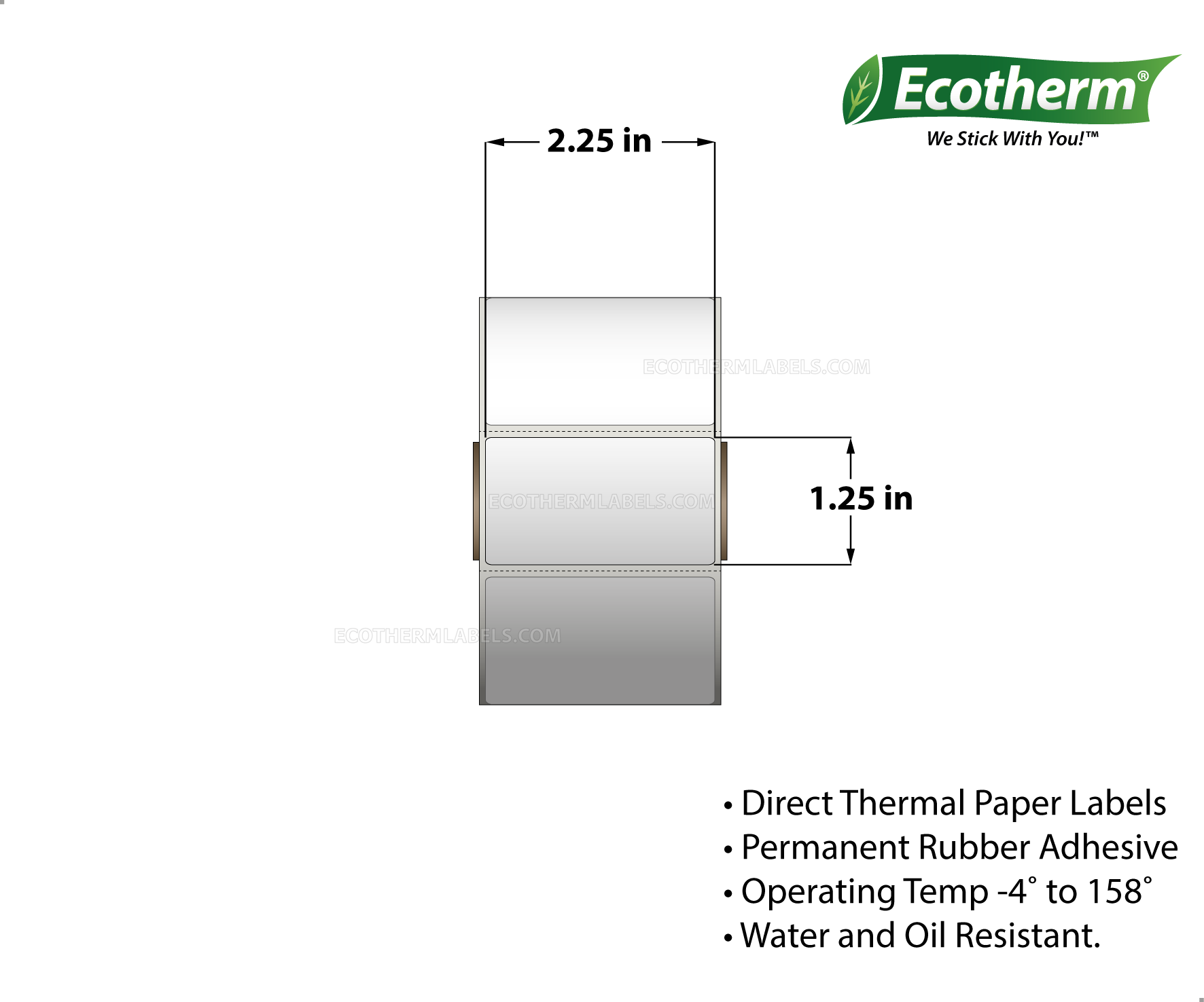 2.25 x 1.25 Direct Thermal White Labels With Rubber Adhesive - Perforated - 1135 Labels Per Roll - Carton Of 4 Rolls - 4540 Labels Total - MPN: ECOTHERM14103-4