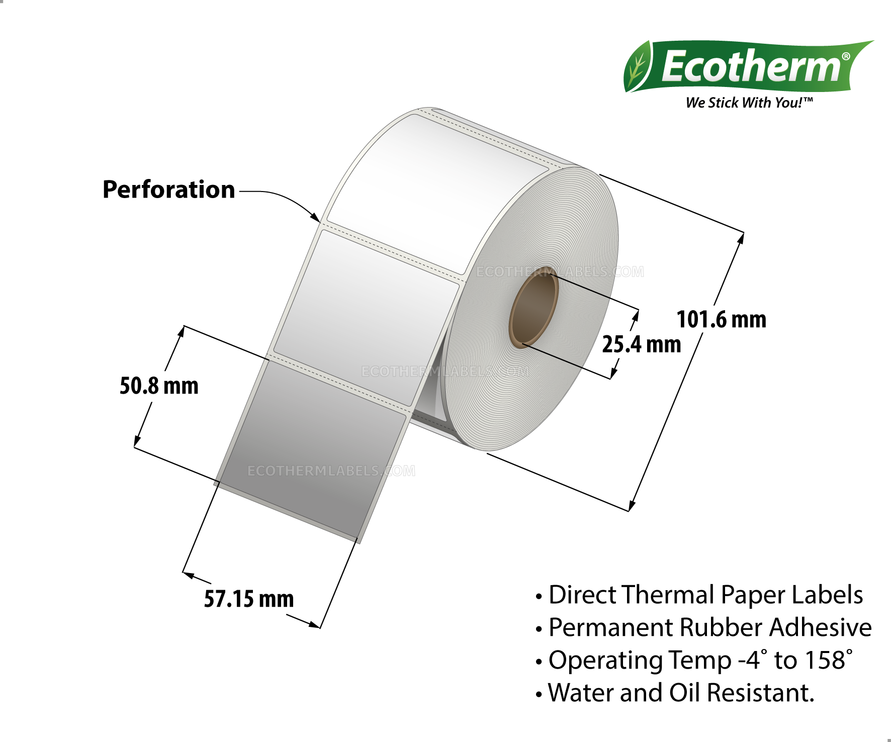 2.25 x 2 Direct Thermal White Labels With Rubber Adhesive - Perforated - 735 Labels Per Roll - Carton Of 4 Rolls - 2940 Labels Total - MPN: ECOTHERM14104-4