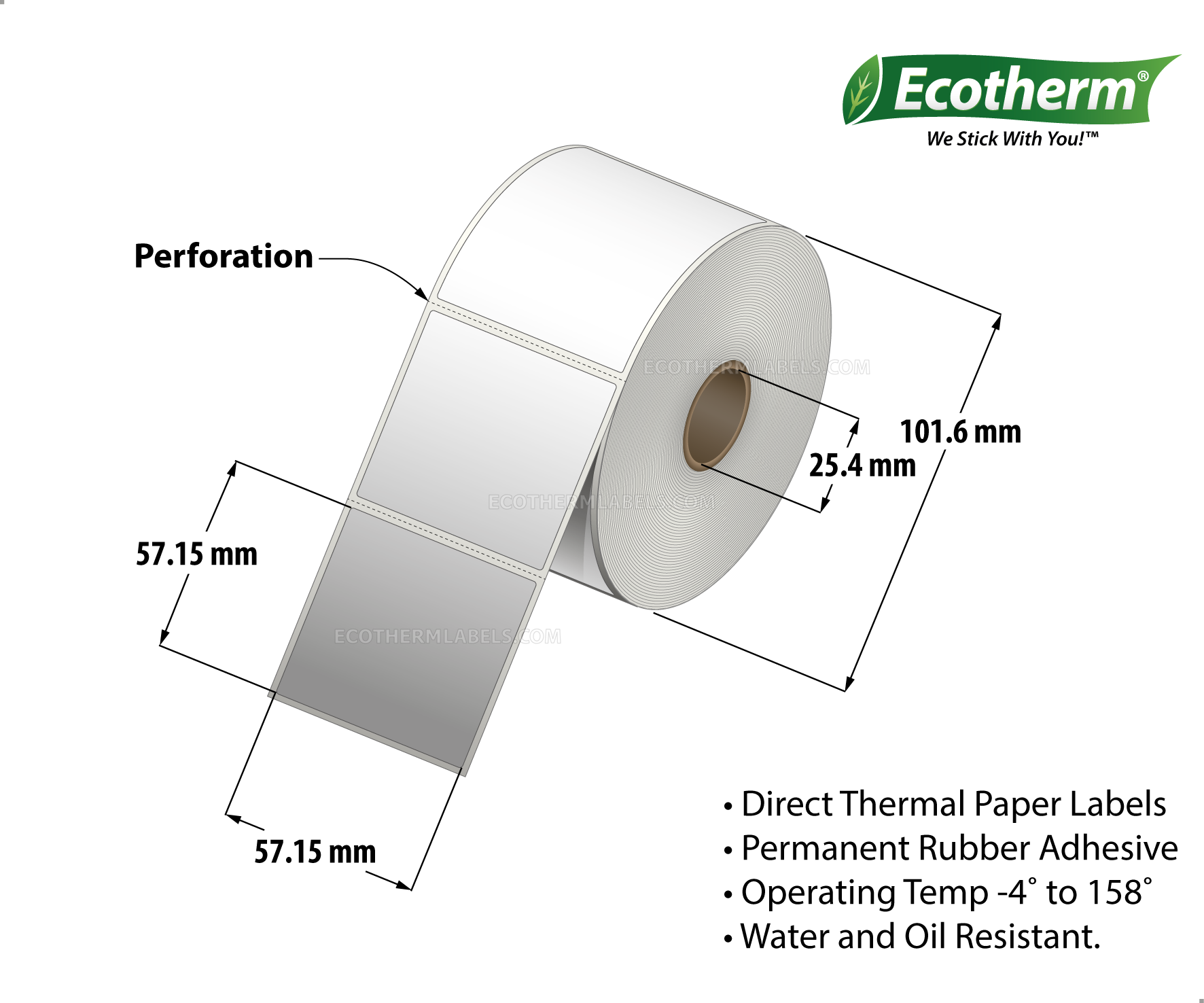 2.25x2.25 Direct Thermal White Labels With Rubber Adhesive - Perforated - 700 Labels Per Roll - Carton Of 4 Rolls - 2800 Labels Total - MPN: ECOTHERM14137-4 - EcothermLabels.com