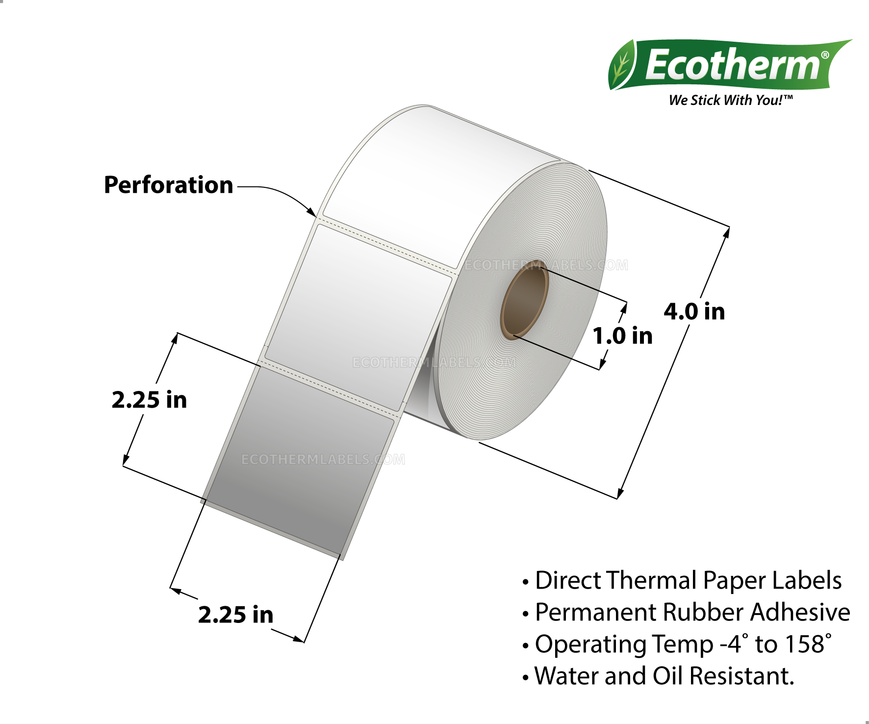 2.25x2.25 Direct Thermal White Labels With Rubber Adhesive - Perforated - 700 Labels Per Roll - Carton Of 4 Rolls - 2800 Labels Total - MPN: ECOTHERM14137-4 - EcothermLabels.com