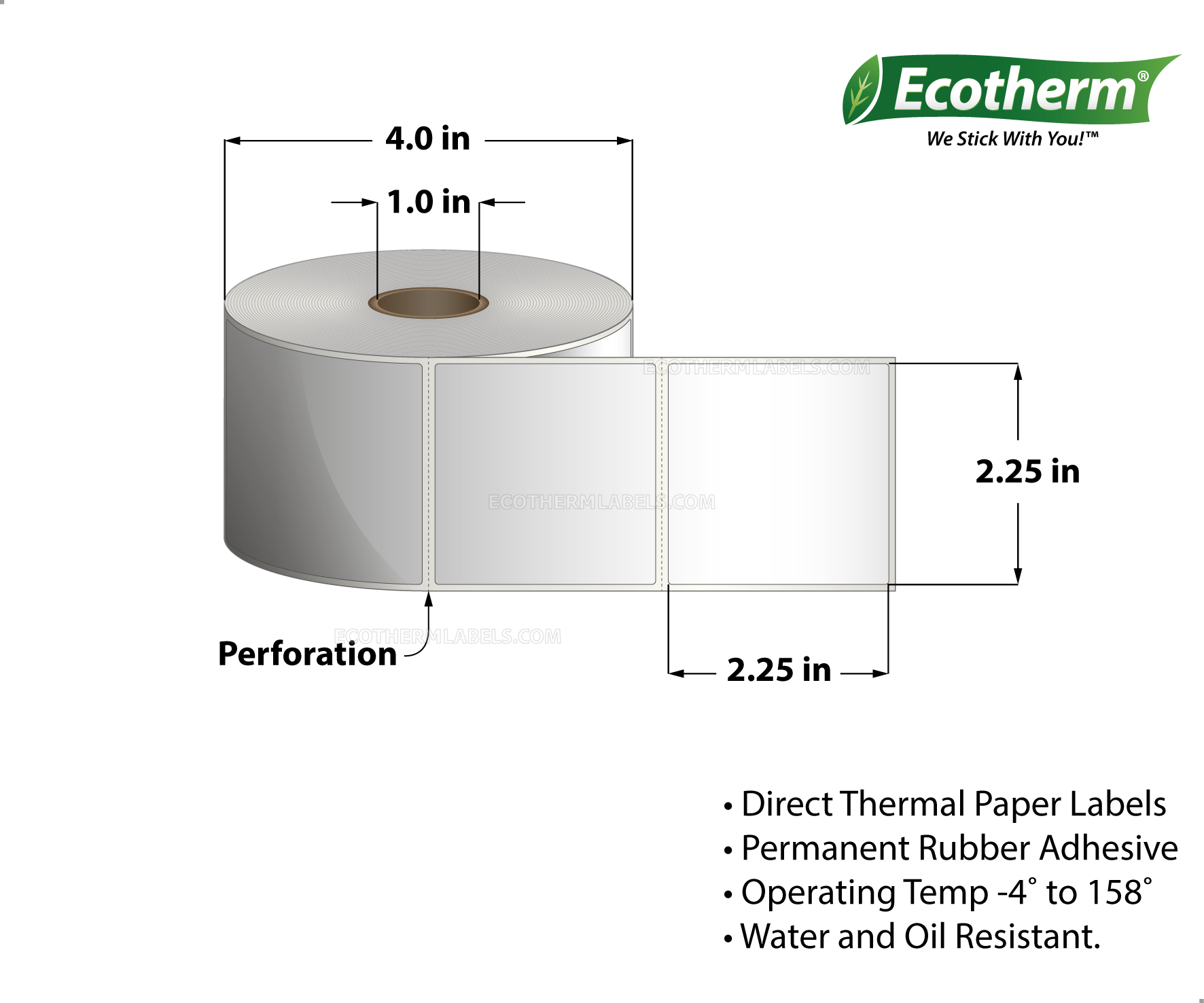 2.25x2.25 Direct Thermal White Labels With Rubber Adhesive - Perforated - 700 Labels Per Roll - Carton Of 4 Rolls - 2800 Labels Total - MPN: ECOTHERM14137-4 - EcothermLabels.com