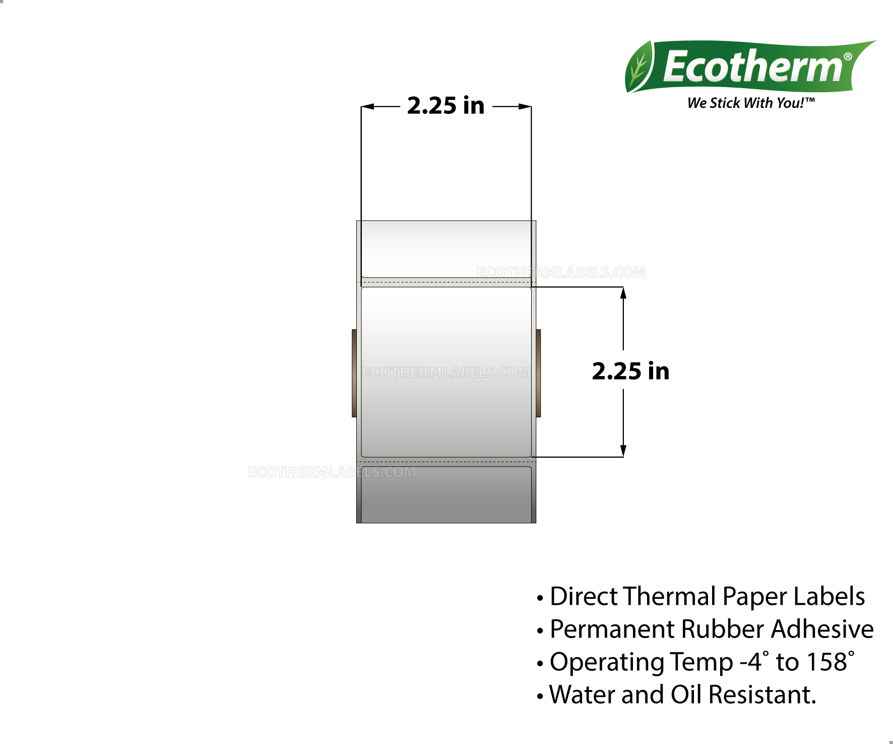 2.25x2.25 Direct Thermal White Labels With Rubber Adhesive - Perforated - 700 Labels Per Roll - Carton Of 4 Rolls - 2800 Labels Total - MPN: ECOTHERM14137-4 - EcothermLabels.com