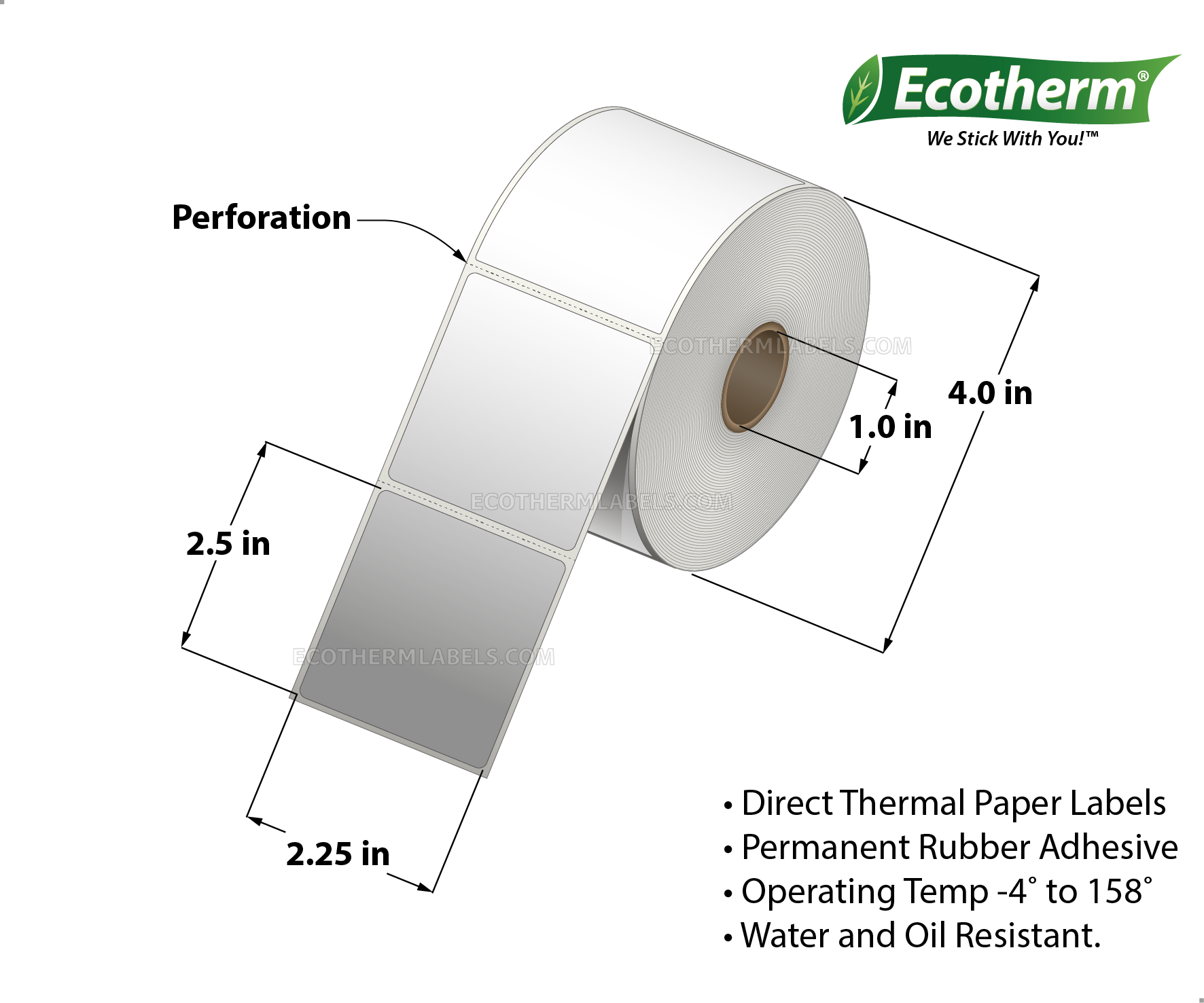 2.25 x 2.5 Direct Thermal White Labels With Rubber Adhesive - Perforated - 600 Labels Per Roll - Carton Of 6 Rolls - 2400 Labels Total - MPN: ECOTHERM14135-4