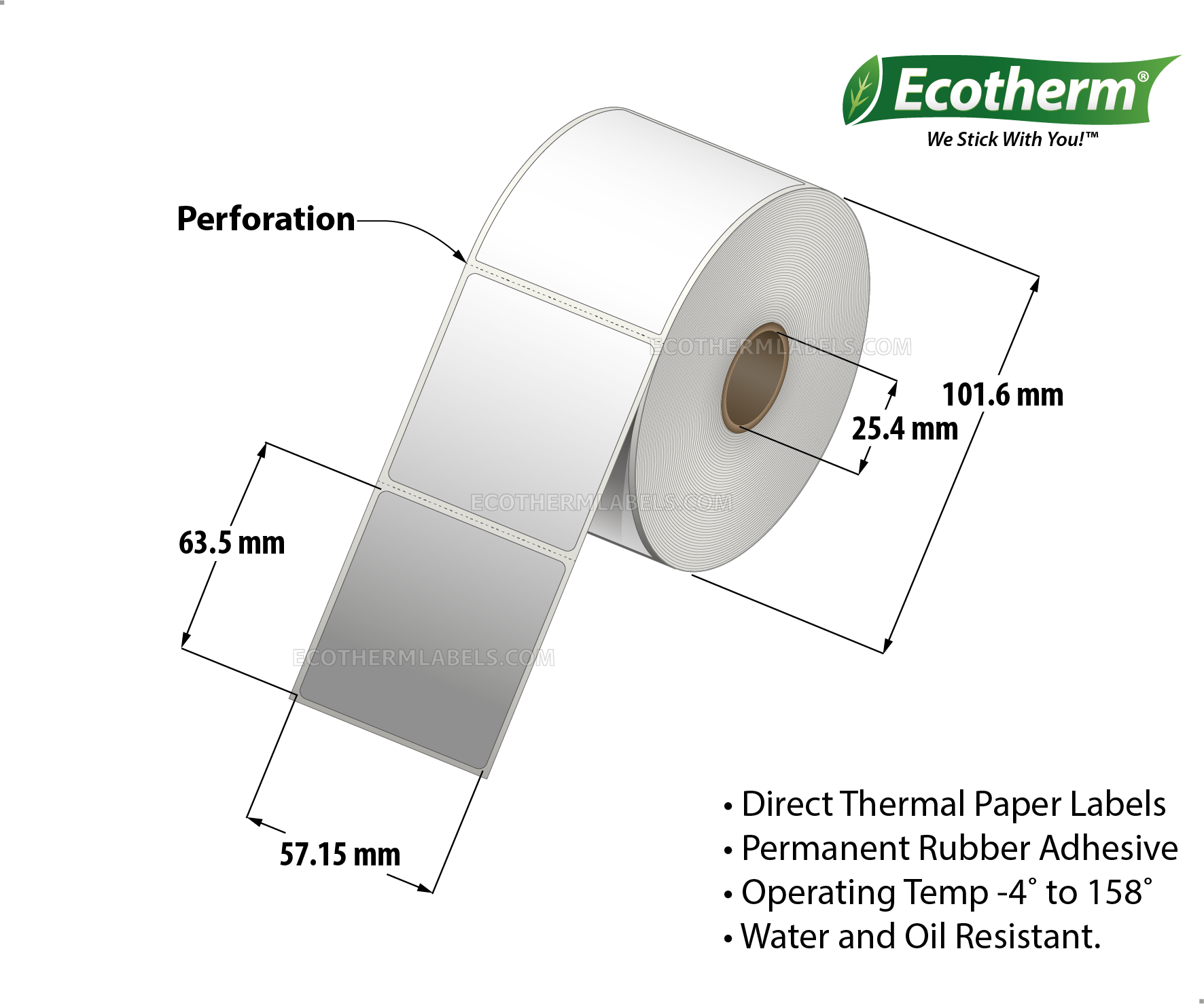 2.25 x 2.5 Direct Thermal White Labels With Rubber Adhesive - Perforated - 600 Labels Per Roll - Carton Of 6 Rolls - 2400 Labels Total - MPN: ECOTHERM14135-4