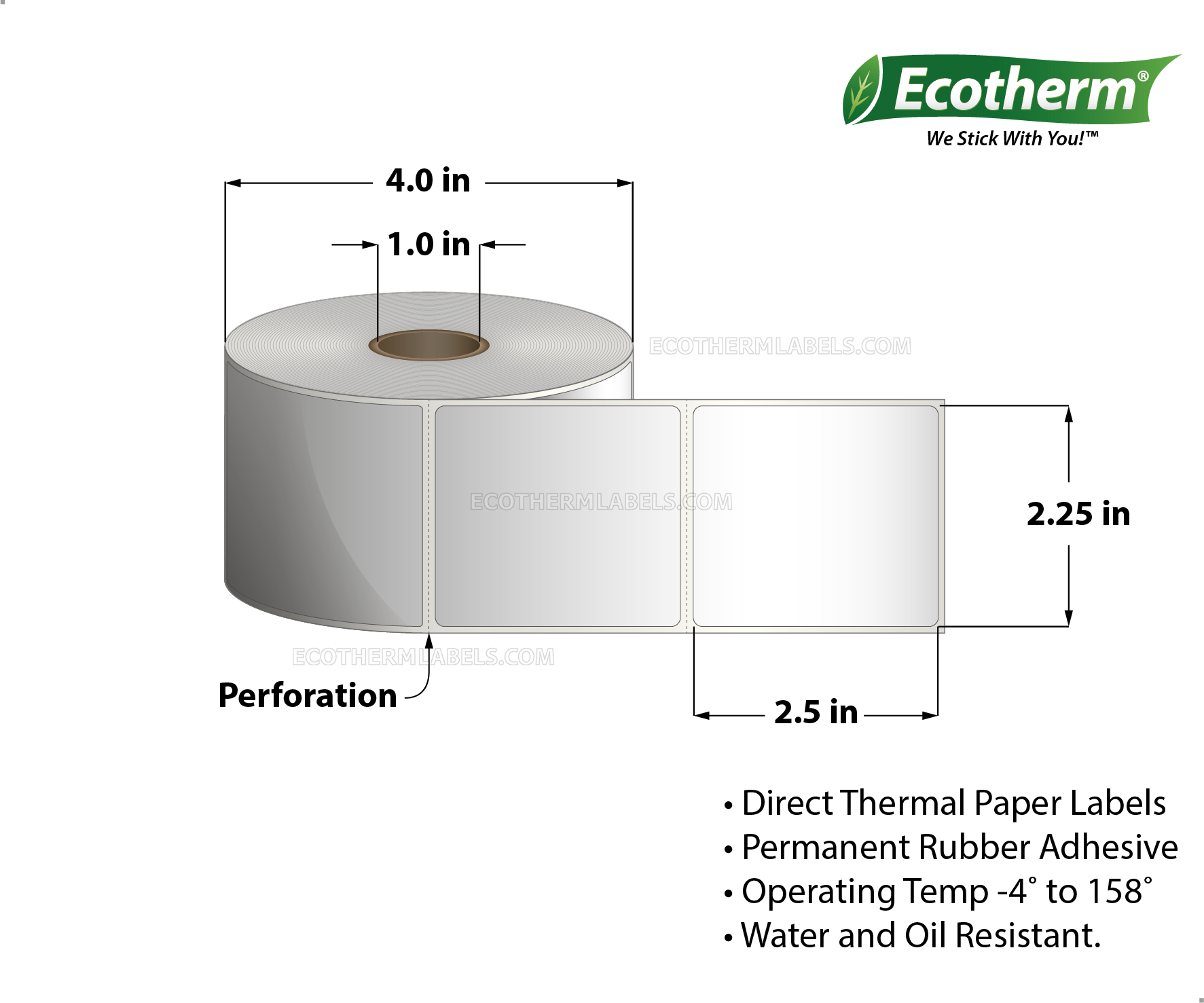 2.25 x 2.5 Direct Thermal White Labels With Rubber Adhesive - Perforated - 600 Labels Per Roll - Carton Of 6 Rolls - 2400 Labels Total - MPN: ECOTHERM14135-4