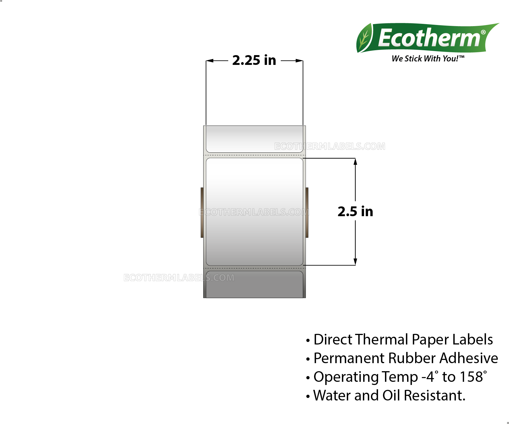 2.25 x 2.5 Direct Thermal White Labels With Rubber Adhesive - Perforated - 600 Labels Per Roll - Carton Of 6 Rolls - 2400 Labels Total - MPN: ECOTHERM14135-4