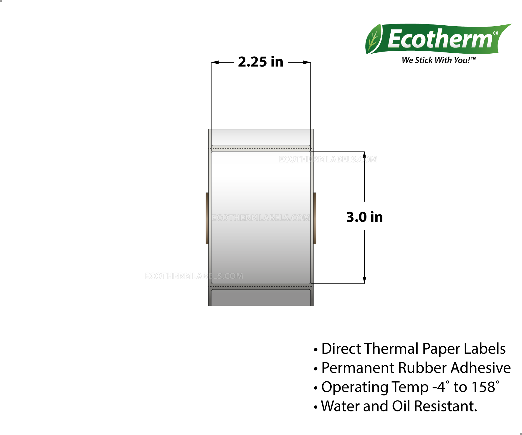 2.25 x 3 Direct Thermal White Labels With Rubber Adhesive - Perforated - 525 Labels Per Roll - Carton Of 4 Rolls - 2100 Labels Total - MPN: ECOTHERM14121-4