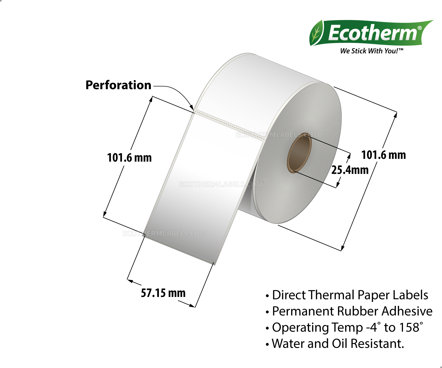 2.25 x 4 Direct Thermal White Labels With Rubber Adhesive - Perforated - 360 Labels Per Roll - Carton Of 4 Rolls - 1440 Labels Total - MPN: ECOTHERM14122-4