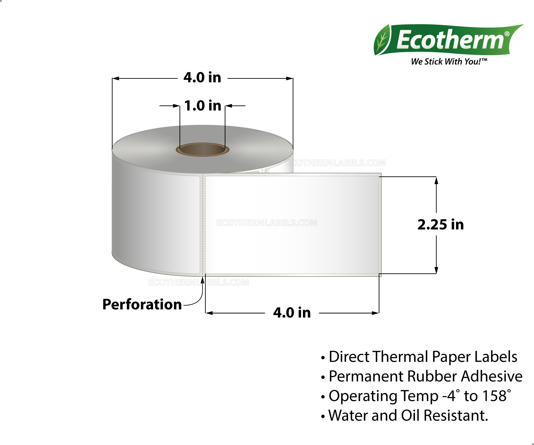 2.25 x 4 Direct Thermal White Labels With Rubber Adhesive - Perforated - 360 Labels Per Roll - Carton Of 4 Rolls - 1440 Labels Total - MPN: ECOTHERM14122-4