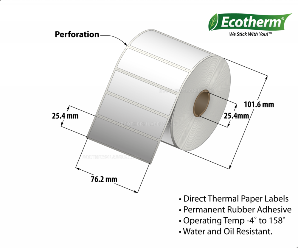 3 x 1 Direct Thermal White Labels With Rubber Adhesive - Perforated - 1310 Labels Per Roll - Carton Of 1 Rolls - 1310 Labels Total - MPN: ECOTHERM14108-1 - EcothermLabels.com