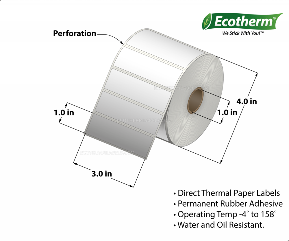 3 x 1 Direct Thermal White Labels With Rubber Adhesive - Perforated - 1310 Labels Per Roll - Carton Of 1 Rolls - 1310 Labels Total - MPN: ECOTHERM14108-1 - EcothermLabels.com