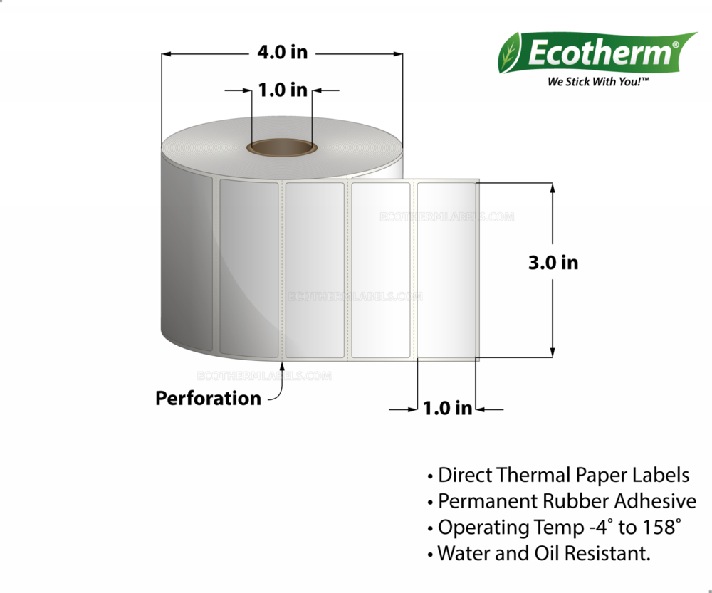 3 x 1 Direct Thermal White Labels With Rubber Adhesive - Perforated - 1310 Labels Per Roll - Carton Of 1 Rolls - 1310 Labels Total - MPN: ECOTHERM14108-1 - EcothermLabels.com