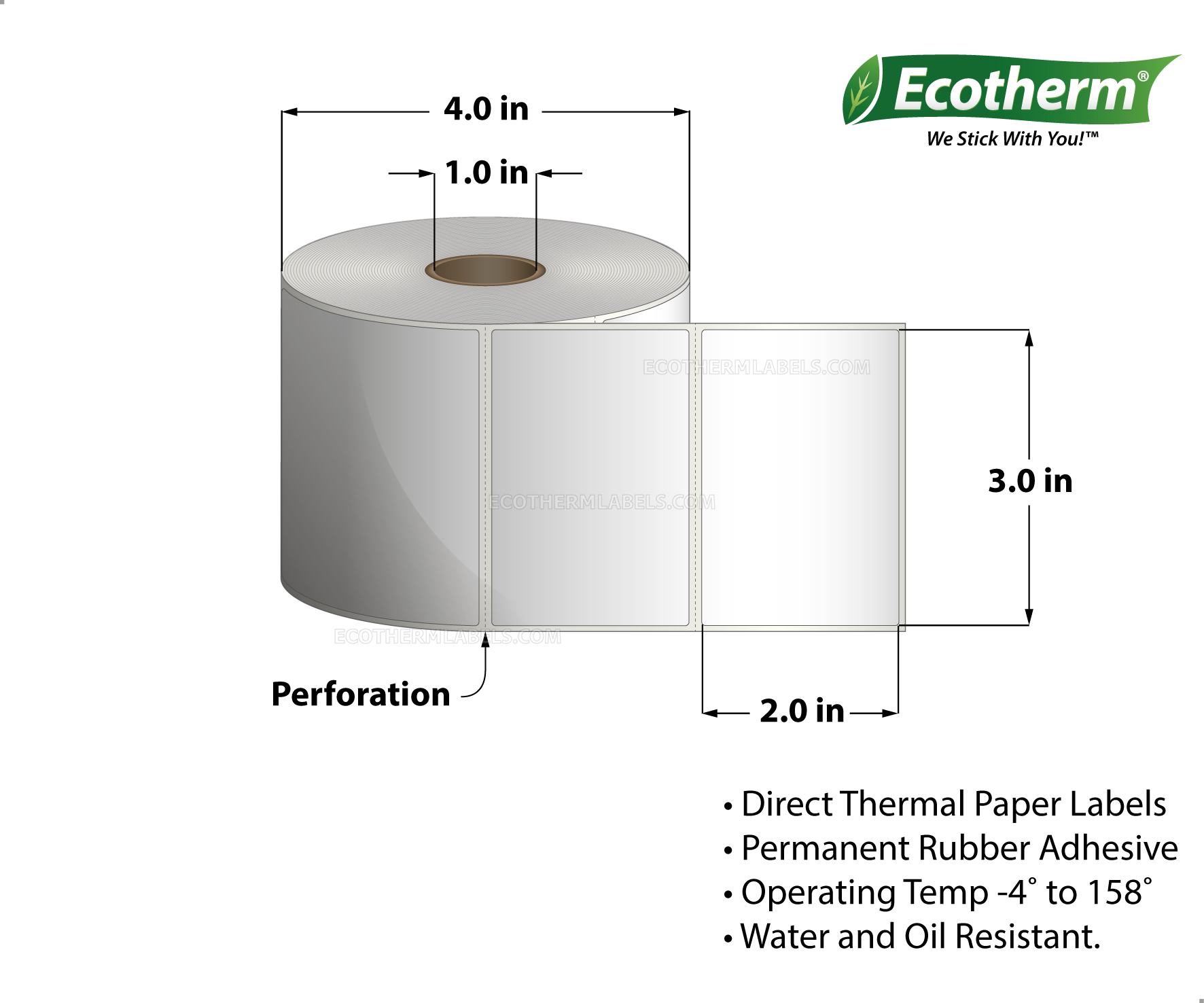 3 x 2 Direct Thermal White Labels With Rubber Adhesive - Perforated - 735 Labels Per Roll - Carton Of 4 Rolls - 2940 Labels Total - MPN: ECOTHERM14109-4