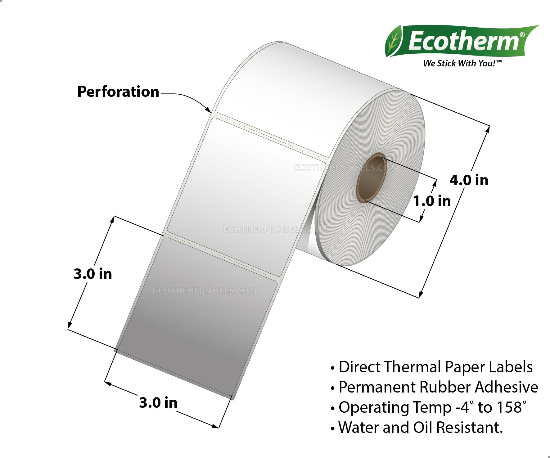 3 x 3 Direct Thermal White Labels With Rubber Adhesive - Perforated - 525 Labels Per Roll - Carton Of 4 Rolls - 2100 Labels Total - MPN: ECOTHERM14123-4