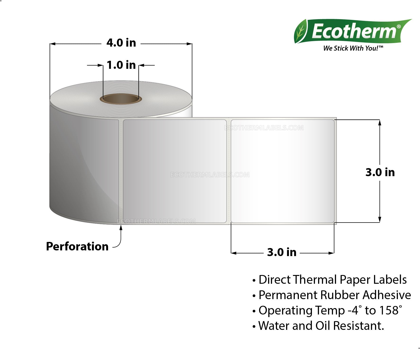 3 x 3 Direct Thermal White Labels With Rubber Adhesive - Perforated - 525 Labels Per Roll - Carton Of 4 Rolls - 2100 Labels Total - MPN: ECOTHERM14123-4