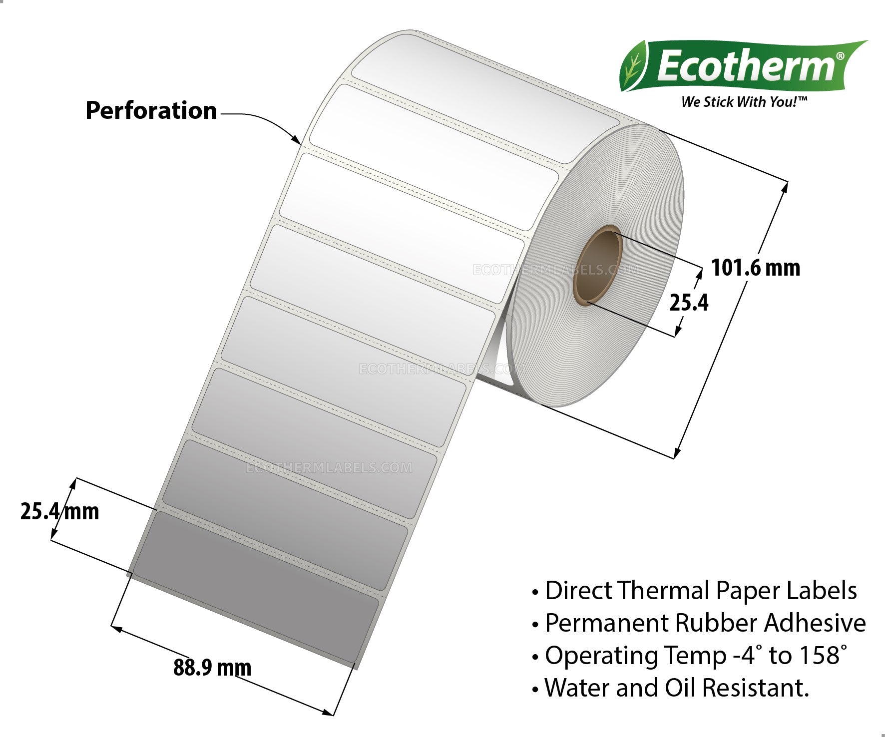 3.5 x 1 Direct Thermal White Labels With Rubber Adhesive - Perforated - 1340 Labels Per Roll - Carton Of 4 Rolls - 5360 Labels Total - MPN: ECOTHERM14124-4