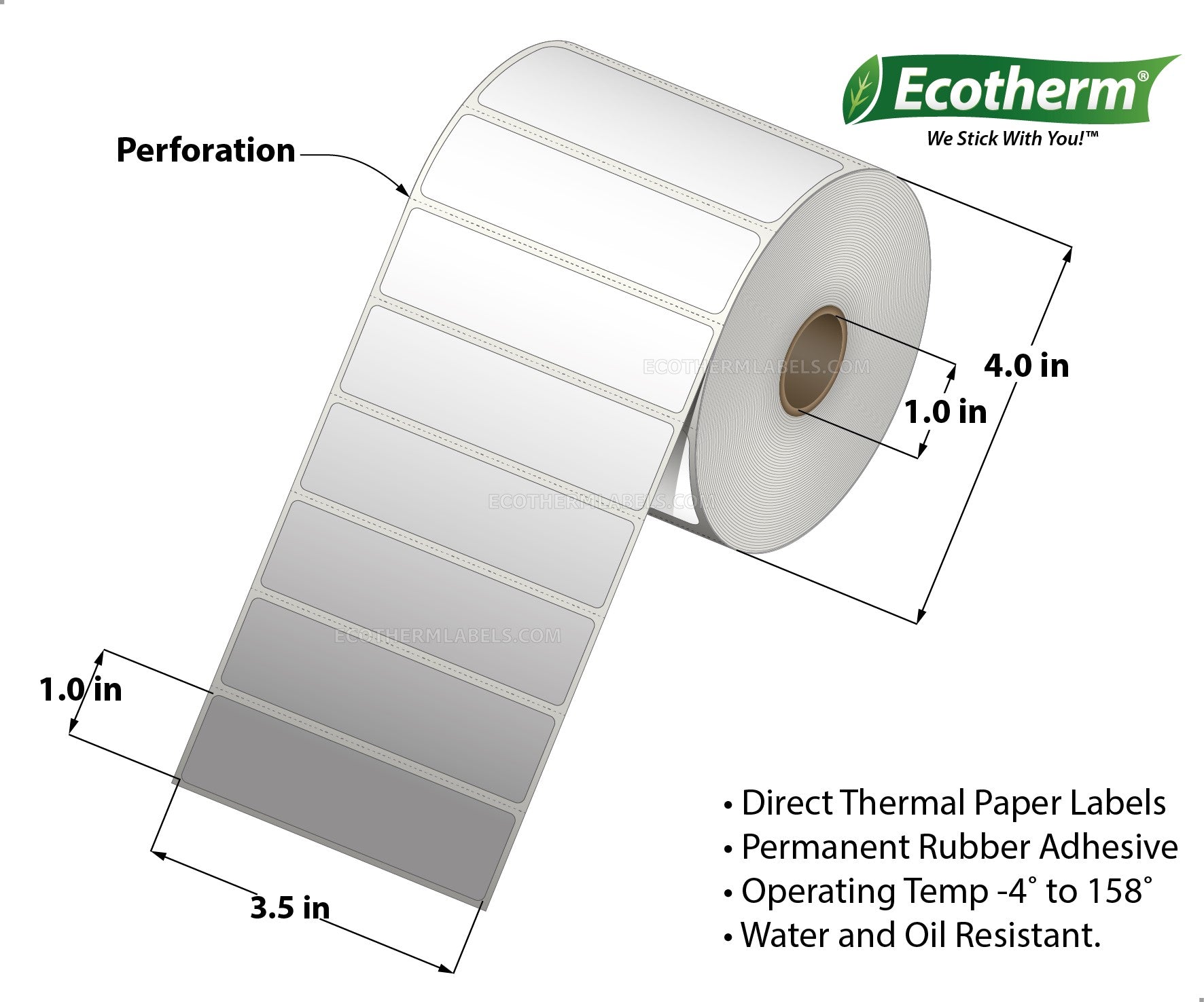 3.5 x 1 Direct Thermal White Labels With Rubber Adhesive - Perforated - 1340 Labels Per Roll - Carton Of 4 Rolls - 5360 Labels Total - MPN: ECOTHERM14124-4