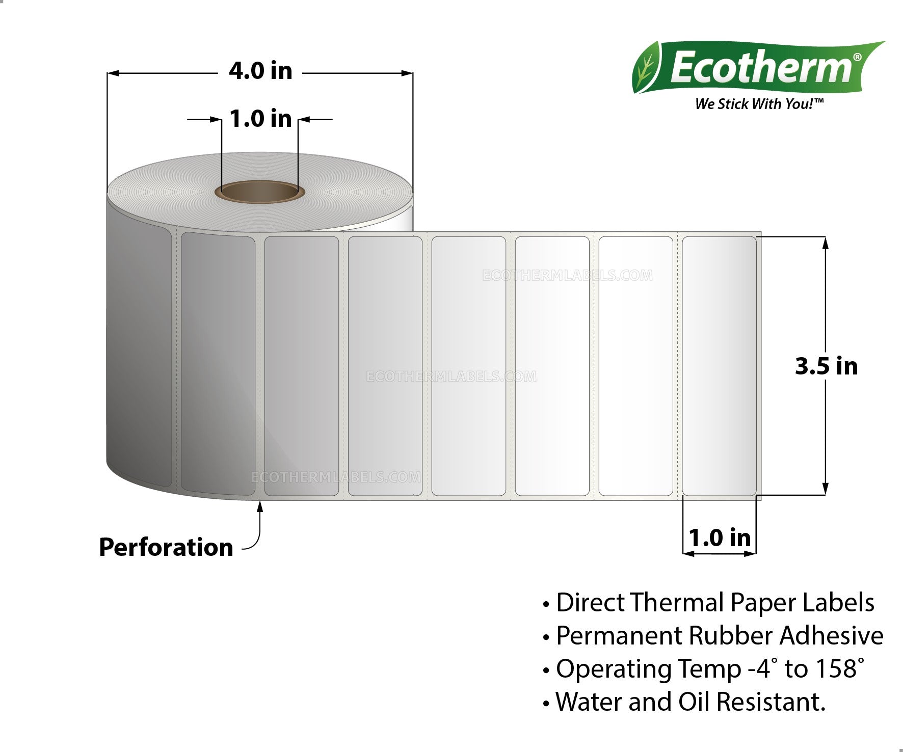 3.5 x 1 Direct Thermal White Labels With Rubber Adhesive - Perforated - 1340 Labels Per Roll - Carton Of 4 Rolls - 5360 Labels Total - MPN: ECOTHERM14124-4