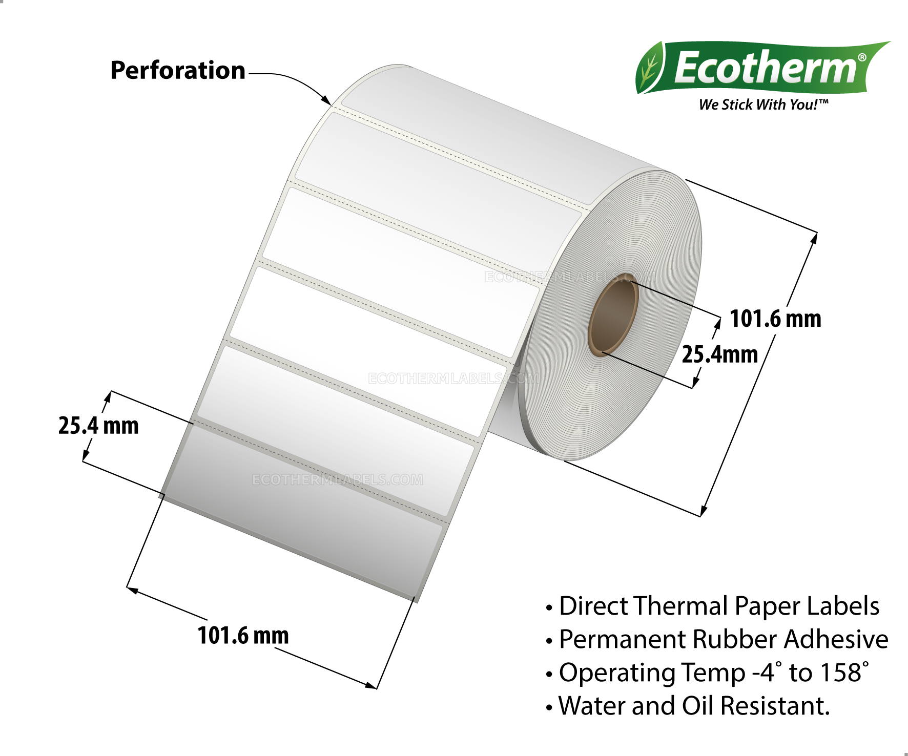 4 x 1 Direct Thermal White Labels With Rubber Adhesive - Perforated - 1340 Labels Per Roll - Carton Of 4 Rolls - 5360 Labels Total - MPN: ECOTHERM14125-4