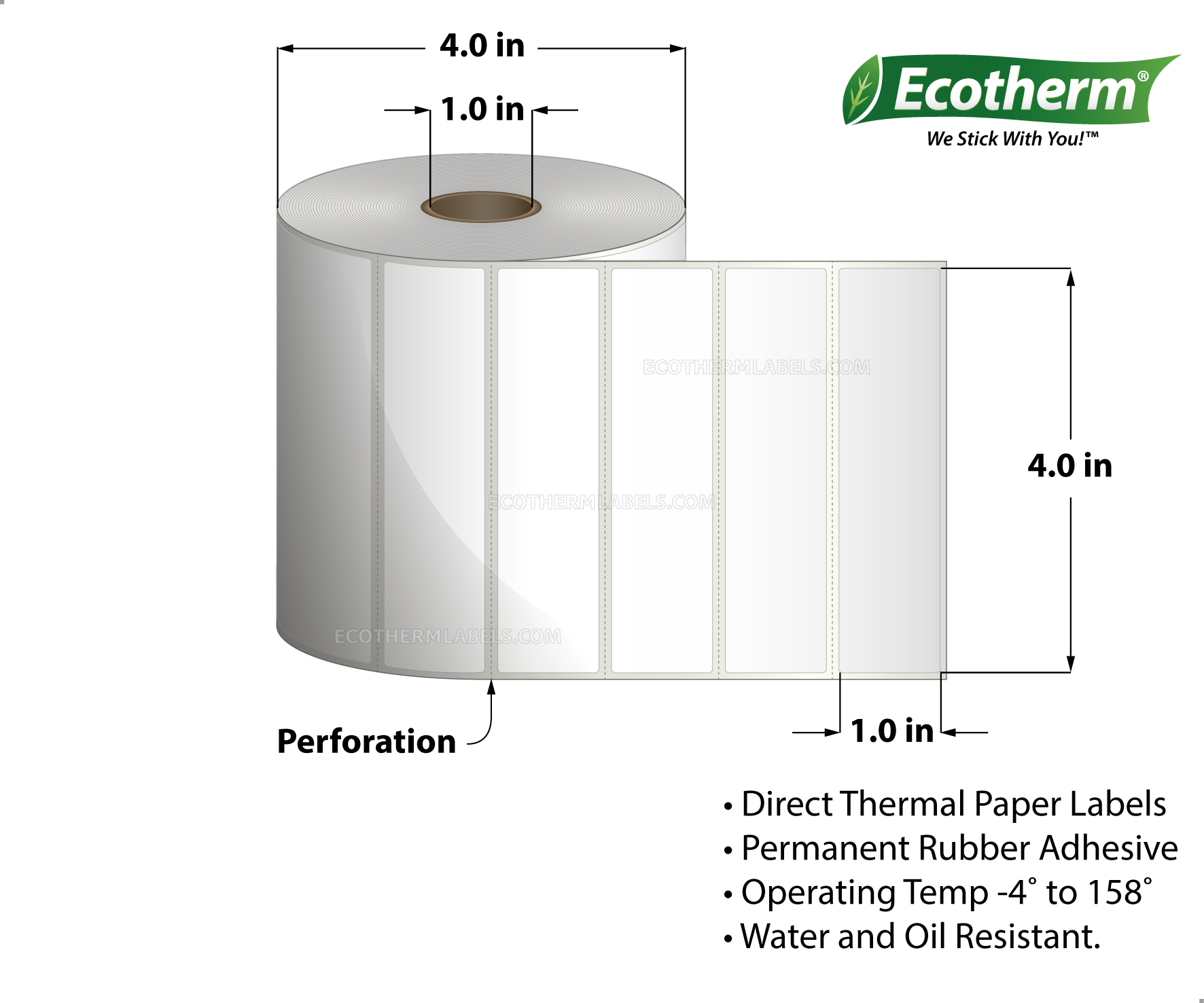 4 x 1 Direct Thermal White Labels With Rubber Adhesive - Perforated - 1340 Labels Per Roll - Carton Of 4 Rolls - 5360 Labels Total - MPN: ECOTHERM14125-4