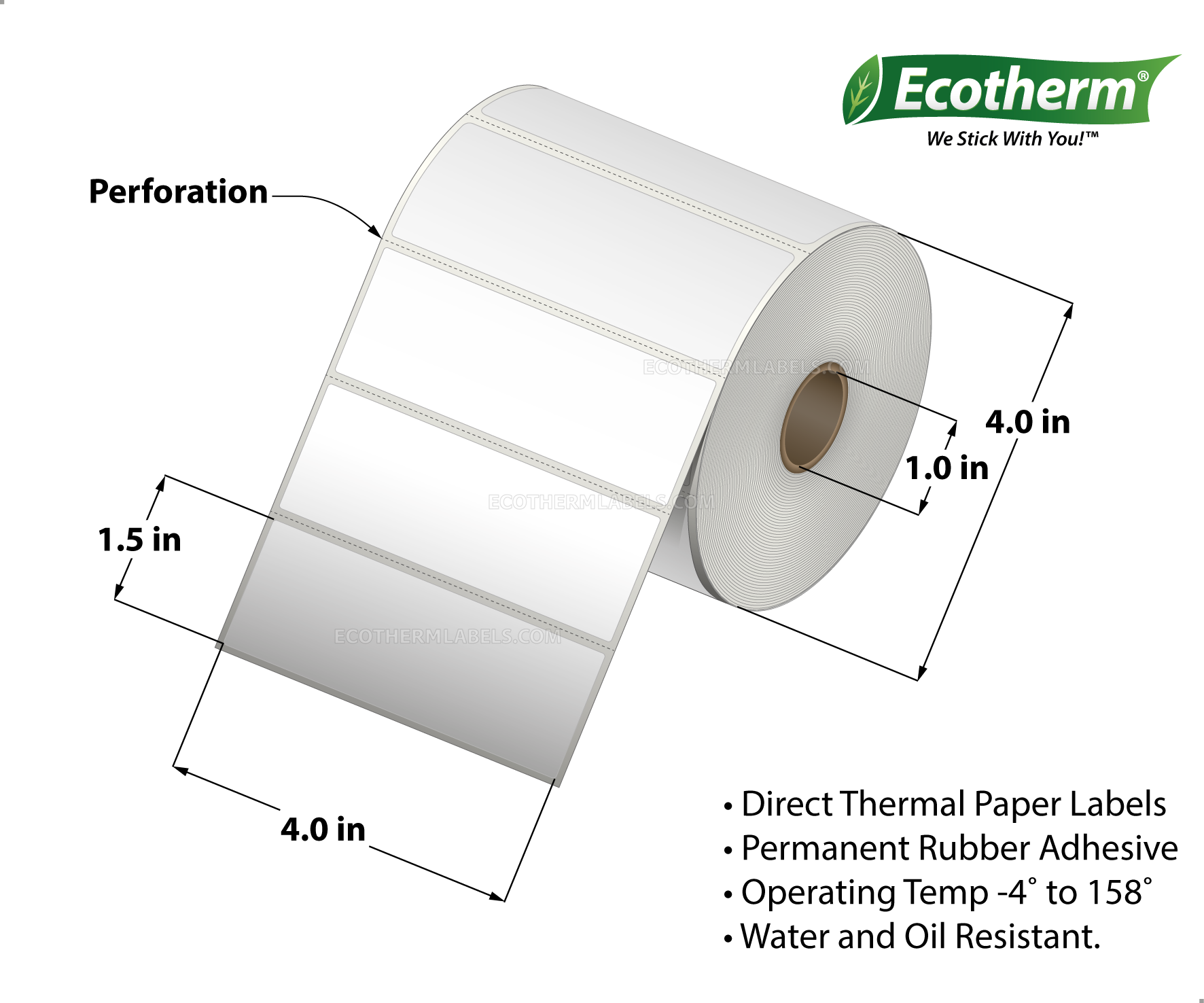 4 x 1.5 Direct Thermal White Labels With Rubber Adhesive - Perforated - 985 Labels Per Roll - Carton Of 4 Rolls - 3940 Labels Total - MPN: ECOTHERM14126-4